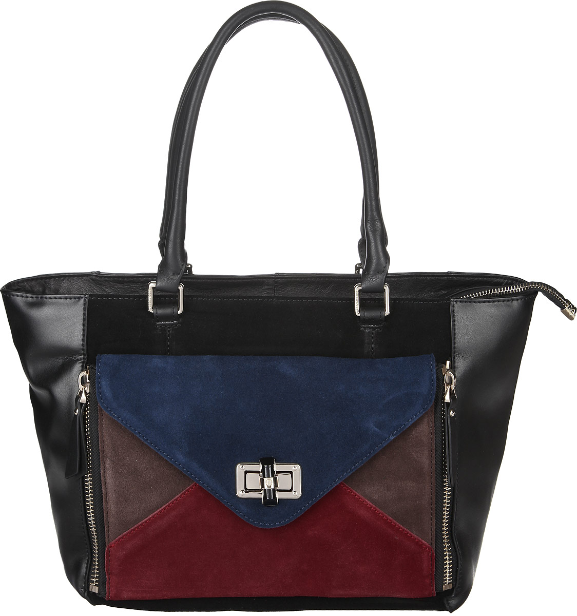 Сумка женская Eleganzza, цвет: черный. Z4-5328Z4-5328 Сумка женская Eleganzza, цвет: черный. Z4-5328Z4-5328Стильная сумка Eleganzza, изготовлена из натуральной кожи, оформлена металлической фурнитурой цветными замшевыми вставками. Изделие содержит одно отделение, которое закрывается на застежку-молнию. Внутри изделия расположены два накладных кармашка для мелочей, врезной карман на молнии и карман-средник на молнии. Задняя сторона изделия дополнена врезным карманом на молнии. На лицевой стороне расположен накладной карман, закрывающийся клапаном на замок-вертушку. Изделие оснащено двумя практичными ручками. На дне сумки размещены металлические ножки, которые защитят дно от преждевременного изнашивания. Оригинальный аксессуар позволит вам завершить образ и быть неотразимой.