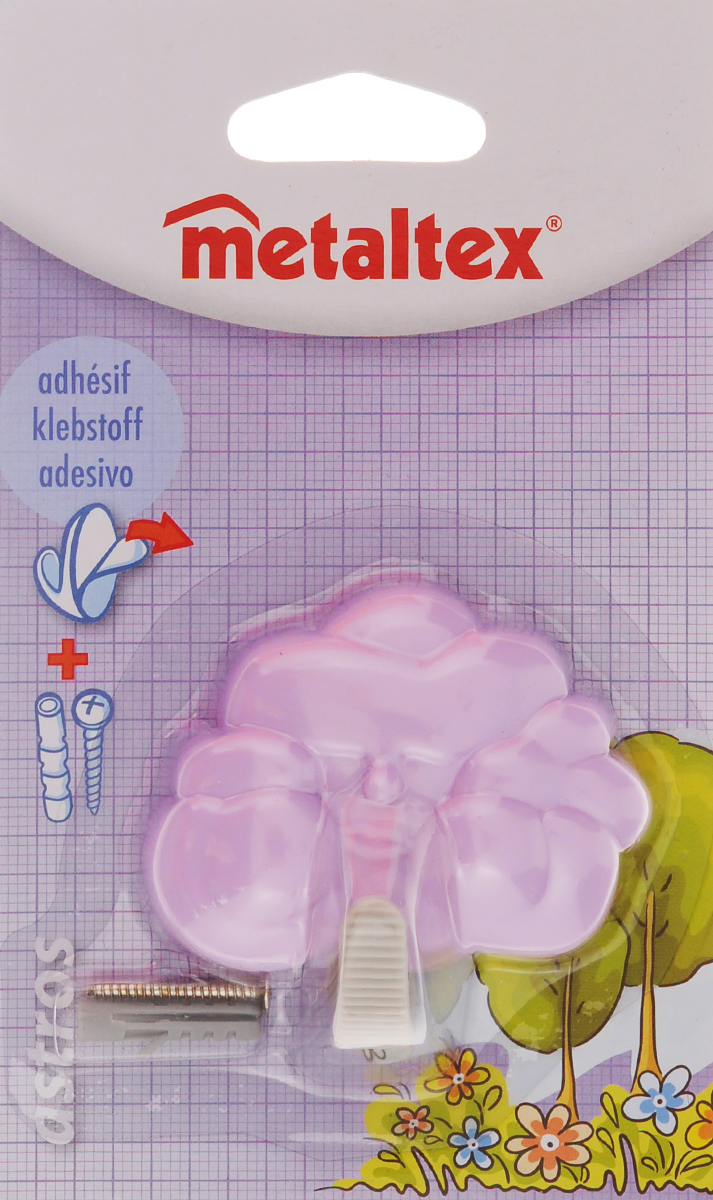 Крючок настенный Metaltex Astros, цвет: сиреневый29.05.2010_ сиреневый Крючок настенный Metaltex Astros, цвет: сиреневый29.05.2010_ сиреневыйНастенный крючок Metaltex Astros изготовлен из высококачественного цветного пластика в виде тучки. Он прекрасно подойдет для вашей ванной комнаты или кухни и не займет много места, надежно выдержав все, что вы на него повесите. Крючок крепится на стену с помощью липкой ленты, которая находится на задней стороне крючка или при помощи шурупа (входит в комплект). Он приклеивается к гладкой, ровной и чистой поверхности. На него можно вешать полотенца или любые другие вещи.