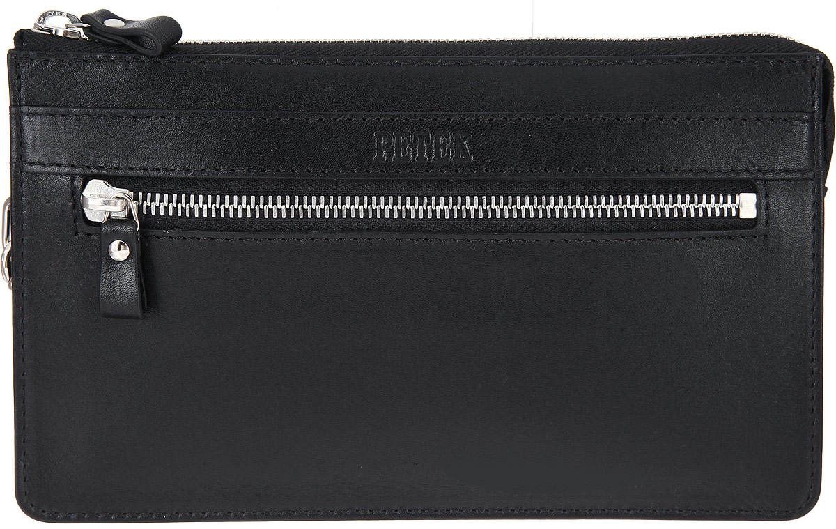 Клатч мужской Petek 1855, цвет: черный. 702.000.01702.000.01 Black Клатч мужской Petek 1855, цвет: черный. 702.000.01702.000.01 BlackСтильный мужской клатч Petek 1855 выполнен из натуральной телячьей кожи. Клатч имеет два основных отделения, между которыми расположен карман на застежке-молнии. Закрывается изделие на застежку-молнию. В каждом отделении находится по карману с восемью накладными кармашками для пластиковых карт и визиток. Снаружи, на задней стенке расположен прорезной карман на застежке-молнии. В комплект входит съемный ремешок на запястье, пристегивающийся карабином. Такой функциональный аксессуар заменит вам портмоне. В нем так же вы сможете носить мобильный телефон. Стильный мужской клатч Petek 1855 поможет вам подчеркнуть чувство стиля и завершить выбранный образ.