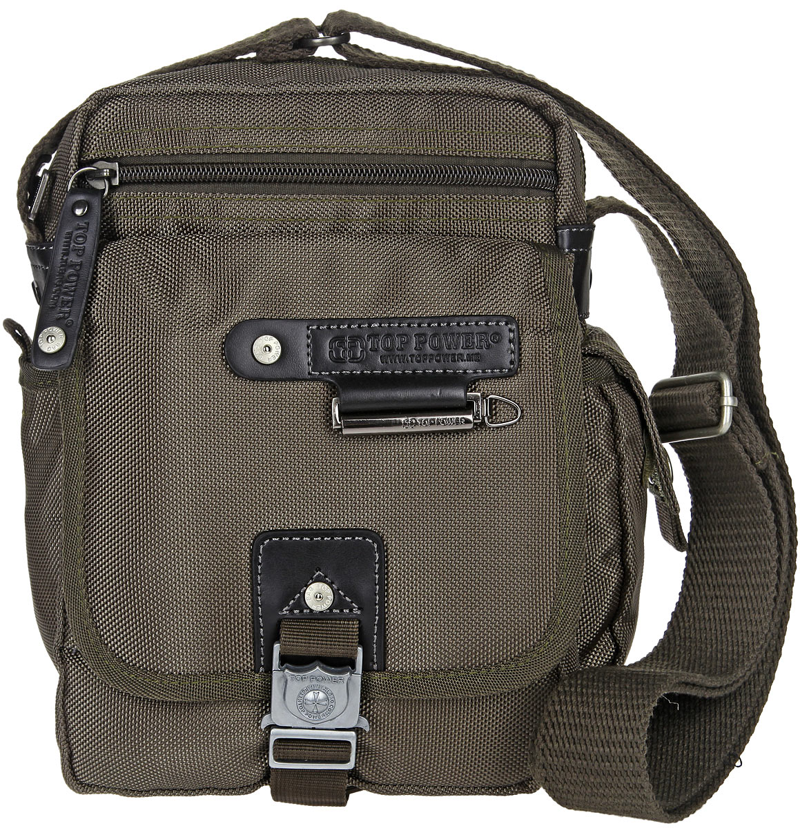 Сумка-планшет мужская Top Power, цвет: хаки. 1385 TP1385 TP khaki Сумка-планшет мужская Top Power, цвет: хаки. 1385 TP1385 TP khakiСтильная мужская сумка-планшет Top Power выполнена из нейлона, полиэстера и искусственной кожи. Изделие имеет одно основное отделение, которое закрывается на застежку-молнию. Внутри находится прорезной карман на застежке-молнии, два накладных открытых кармана и накладной карман, закрывающийся на клапан с застежкой-липучкой. Снаружи, на передней стенке располагается прорезной карман на застежке-молнии, под клапаном с застежкой-защелкой - два накладных открытых кармана и два держателя для авторучек. По бокам накладные карманы, один из которых закрывается на застежку-липучку, второй - на клапан с застежкой-липучкой. На задней стенке предусмотрен дополнительный прорезной карман на застежке-молнии. Сумка оснащена текстильным плечевым ремнем регулируемой длины. Удобная и стильная сумка Top Power призвана подчеркнуть ваш неповторимый стиль.