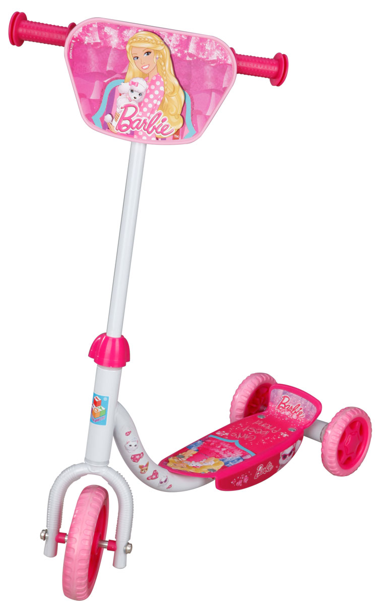 1TOY Самокат детский трехколесный Barbie цвет белый розовыйТ56921 1TOY Самокат детский трехколесный Barbie цвет белый розовыйТ56921Детский самокат 1TOY Barbie с декоративной панелью на ручках непременно понравится вашей принцессе. Он легкий и маневренный. Даже при постоянном использовании самокат смело прослужит несколько лет. Ручки самоката выполнены таким образом, что ребенку будет очень удобно за них держаться, и руки малышки не будут скользить. Площадка для ног снабжена противоскользящим покрытием. Колеса имеют хорошее сцепление с поверхностью и обеспечивают комфортное движение без тряски. Создан самокат специально для активного отдыха, чтобы ребенок имел возможность совмещать полезное времяпрепровождение и приятные физические нагрузки.