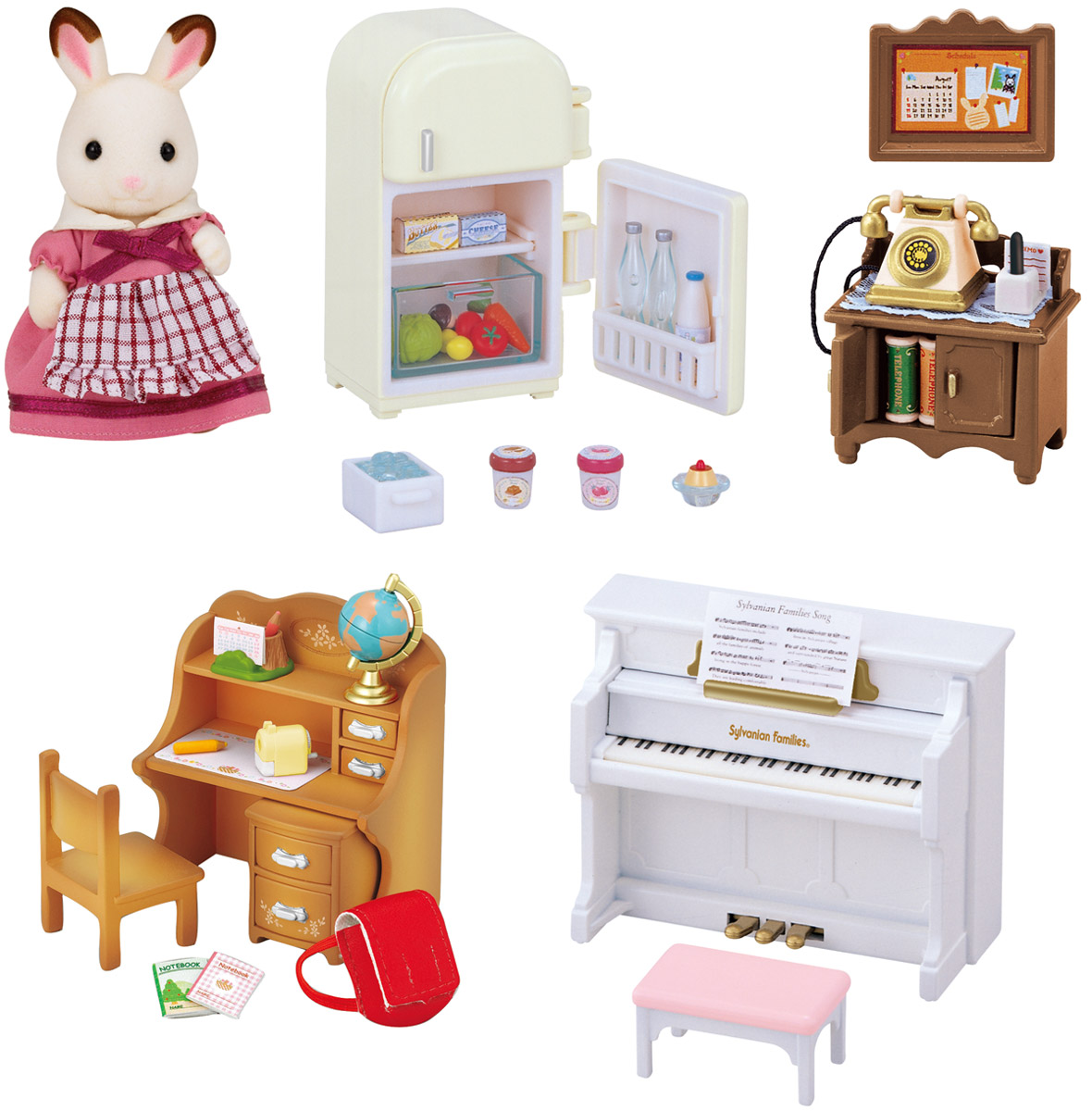 Sylvanian Families Игровой набор Мебель для дома Марии5220 Sylvanian Families Игровой набор Мебель для дома Марии5220Игровой набор Sylvanian Families Мебель для дома Марии привлечет внимание вашей малышки и не позволит ей скучать. Набор включает в себя фигурку мамы-крольчихи, фортепиано с пуфиком и нотами, холодильник с продуктами, письменный стол с тумбочкой и письменными принадлежностями, глобус, стул, тумбу с телефоном, рюкзак, лист с наклейками. Этот набор позволит обустроить устроить дом Марии, создав в нем атмосферу уюта. Sylvanian Families - это целый мир маленьких жителей, объединенных общей легендой. Жители страны Sylvanian Families - это кролики, белки, медведи, лисы и многие другие. У каждого из них есть дом, в котором есть все необходимое для счастливой жизни. В городе, где живут герои, есть школа, больница, рынок, пекарня, детский сад и множество других полезных объектов. Жители этой страны живут семьями, в каждой из которой есть дети. В домах Sylvanian Families царит уют и гармония. Домашние животные радуют хозяев. Здесь продумана каждая мелочь, от...