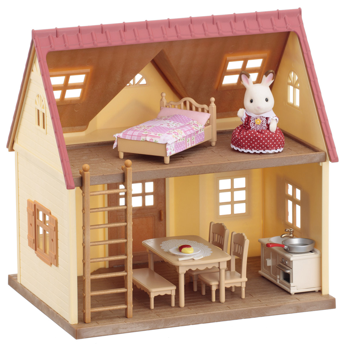 Sylvanian Families Игровой набор Дом Марии5242 Sylvanian Families Игровой набор Дом Марии5242Игровой набор Sylvanian Families Дом Марии - это потрясающий комплект, который включает в себя дом, фигурку зайчихи Марии и мебель с элементами бытовой техники. С парадной стороны домик предстает жилищем с большими окнами и открывающейся входной дверью. Мария одета в красное в белый горошек платье с белым воротничком и оборочками, которое застегивается на липучку сзади. Мария модница - она украсила платье брошкой в виде цветочка. Зайчиху можно раздевать перед сном, купать, а потом одевать снова. С обратной стороны дом открывает перед вами две просторные комнаты, расположенные на первом и на втором этажах. Подняться на второй этаж возможно по приставной лестнице, которая входит в комплект набора. На первом этаже можно устроить кухню-столовую: здесь следует установить кухонный гарнитур. Также в наборе имеется обеденный стол, 2 стула и скамеечка. Для того, чтобы хозяйка чувствовала себя на кухне уверенно и могла приготовить обед, у нее есть все ...