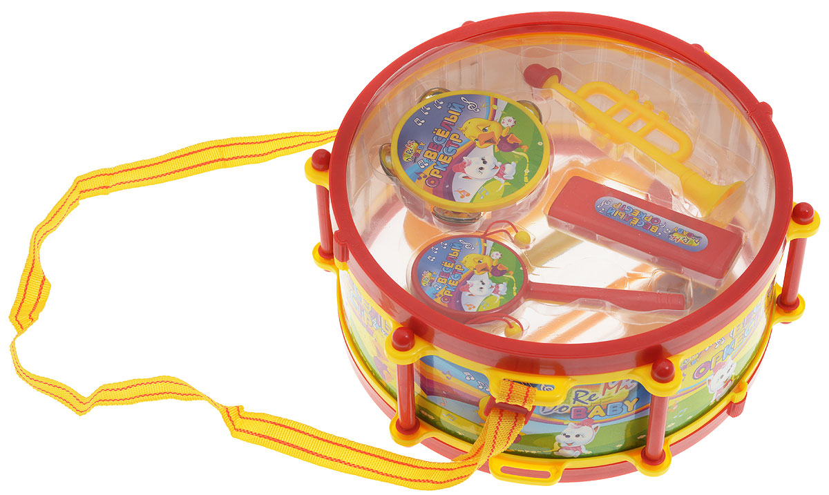 ABtoys Игровой набор Веселый оркестрD-00032(WL-5119) ABtoys Игровой набор Веселый оркестрD-00032(WL-5119)Игровой набор ABtoys Веселый оркестр вмещается в барабане. В набор входят: барабан (диаметр 27 см), 2 ударные палочки, труба, саксофон, бубен, маракасы, губная гармошка, погремушка. Инструменты изготовлены из яркой безопасной пластмассы. Малыш с радостью будет играть на этих веселых, ярких инструментах, совершенствуя при этом не только свой музыкальный слух, но и мелкую моторику.