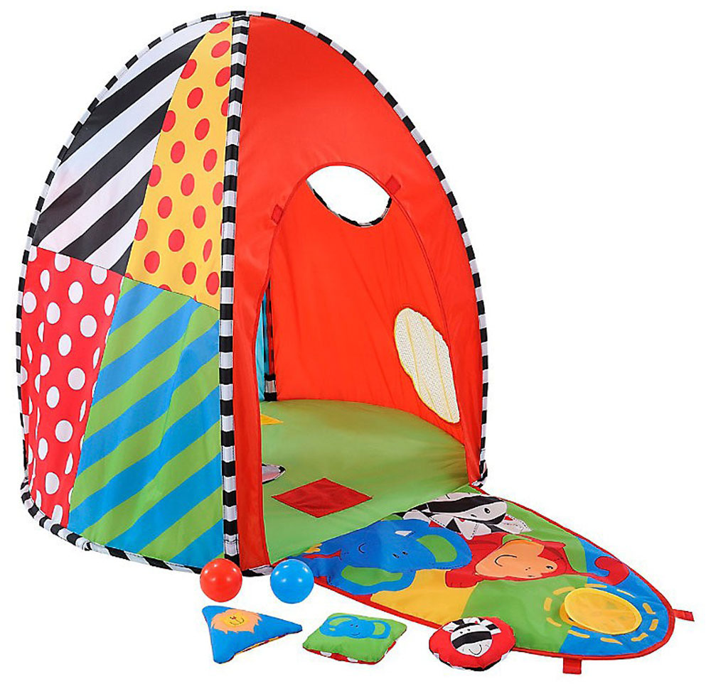 ELC Развивающий домик для малыша Sensory Dome135737 ELC Развивающий домик для малыша Sensory Dome135737Многофункциональный развивающий домик ELC Sensory Dome с игрушками для самых маленьких непременно понравится вашему малышу. Палатка, изготовленная из гипоаллергенных нетоксичных материалов, оформлена в ярких цветах, одна сторона палатки имеет окошки для игры в прятки, с другой стороны изображены животные. Дверь в палатку легко превращается в коврик с пищалками. Также в комплект входят 3 разноцветных шара из мягкого пластика и 3 небольших текстильных подушечки с яркими рисунками. Игровая палатка побуждает малыша двигаться, способствует психологическому развитию, стимулирует тягу к познанию мира. При помощи такой палатки вы можете научить ребенка названиям животных и цветам. Рекомендуемый возраст: 9-24 месяцев.