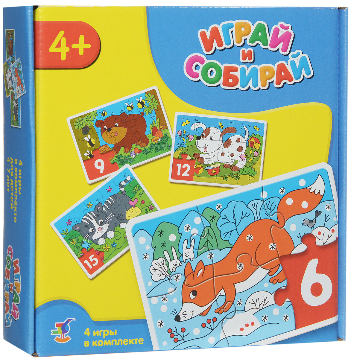 Дрофа-Медиа Пазл для малышей Играй и собирай 4 в 1 29472947 Дрофа-Медиа Пазл для малышей Играй и собирай 4 в 1 29472947Пазл для малышей Дрофа-Медиа Играй и собирай прекрасно подходит для первого знакомства малыша с мозаикой, способствует формированию навыка соединения целого изображения из различных элементов. Набор включает в себя четыре пазла, один из которых состоит из 6 элементов, второй - из 9 элементов, третий - из 12 элементов и четвертый - из 15. Собрав все элементы набора, вы получите 4 картинки с изображением различных животных - медведя, собаки, кота и лисы. Собирание пазла развивает у ребенка мелкую моторику рук, тренирует наблюдательность, логическое мышление, знакомит с окружающим миром, с цветом и разнообразными формами, учит усидчивости и терпению, аккуратности и вниманию.
