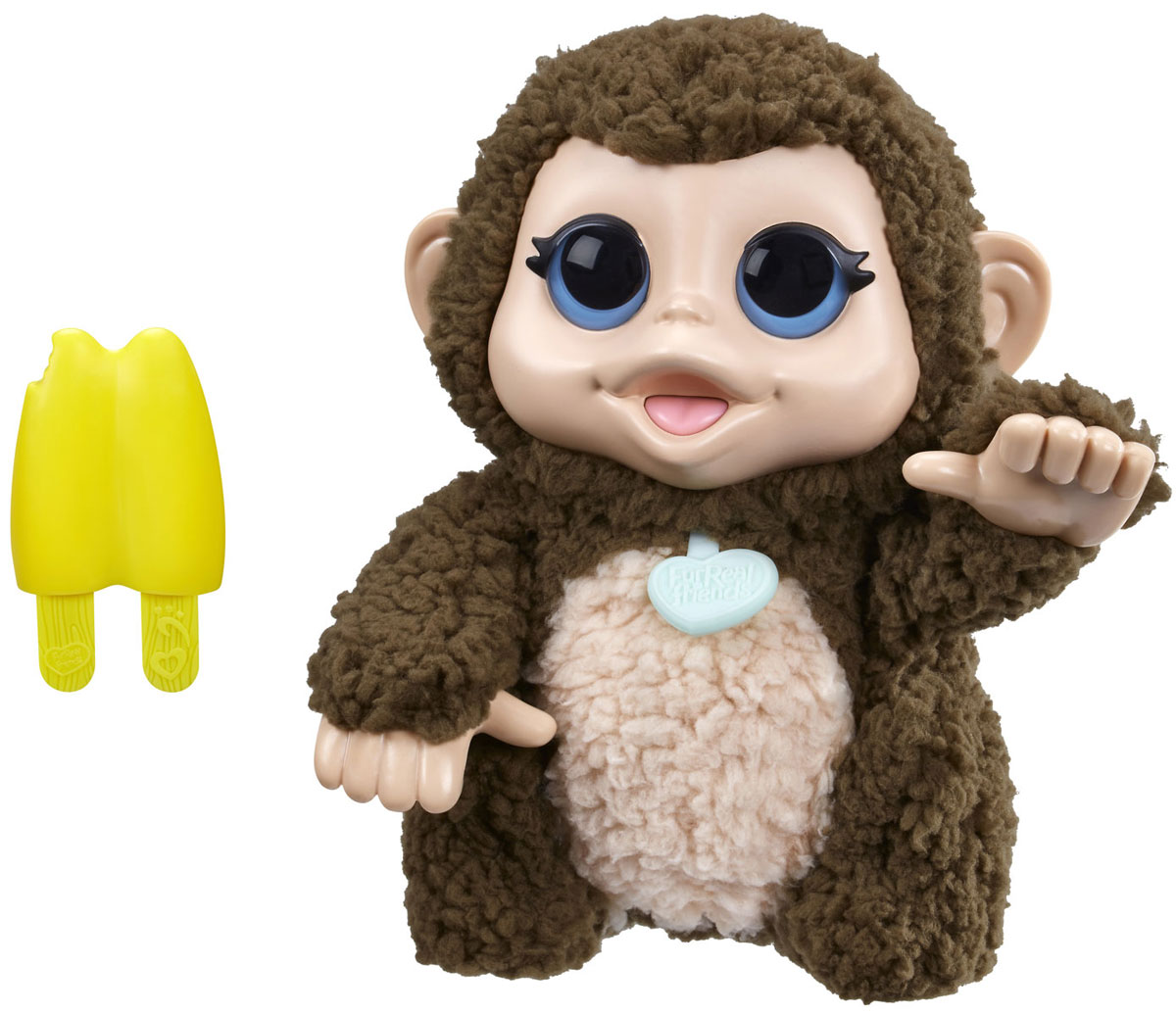 FurReal Friends Интерактивная игрушка ОбезьянаA9084_B4990 FurReal Friends Интерактивная игрушка ОбезьянаA9084_B4990Мягкая игрушка FurReal Friends Обезьяна привлечет внимание ребенка и станет для него отличным подарком. Смешливая обезьянка совсем как живая. Если обезьянку щекотать или обнимать, она станет весело и заразительно смеяться. Она двигает лапками и издает разнообразные звуки. Игрушка покрыта нежным, приятным на ощупь искусственным мехом. В комплект входит лакомство-игрушка для питомца в виде мороженого. С обезьянкой-хохотушкой скучно никогда не будет! Рекомендуется докупить 3 батарейки типа LR44 (товар комплектуется демонстрационными).