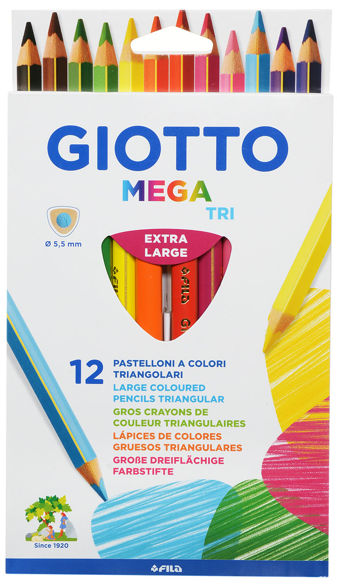 Giotto Цветные карандаши Mega-Tri 12 цветов220600 Giotto Цветные карандаши Mega-Tri 12 цветов220600Цветные карандаши Glotto Mega-Tri непременно понравятся вашему юному художнику. Набор включает в себя 12 ярких насыщенных цветных карандаша утолщенной треугольной формы. Золотое нанесение на гранях карандаша - отличительная черта всей линейки. Идеально подходят для детских садов и школьников младших классов. Карандаши изготовлены из сертифицированного дерева, экологически чистые, имеют прочный неломающийся грифель, не требующий сильного нажатия, легко затачиваются. Порадуйте своего ребенка таким восхитительным подарком!