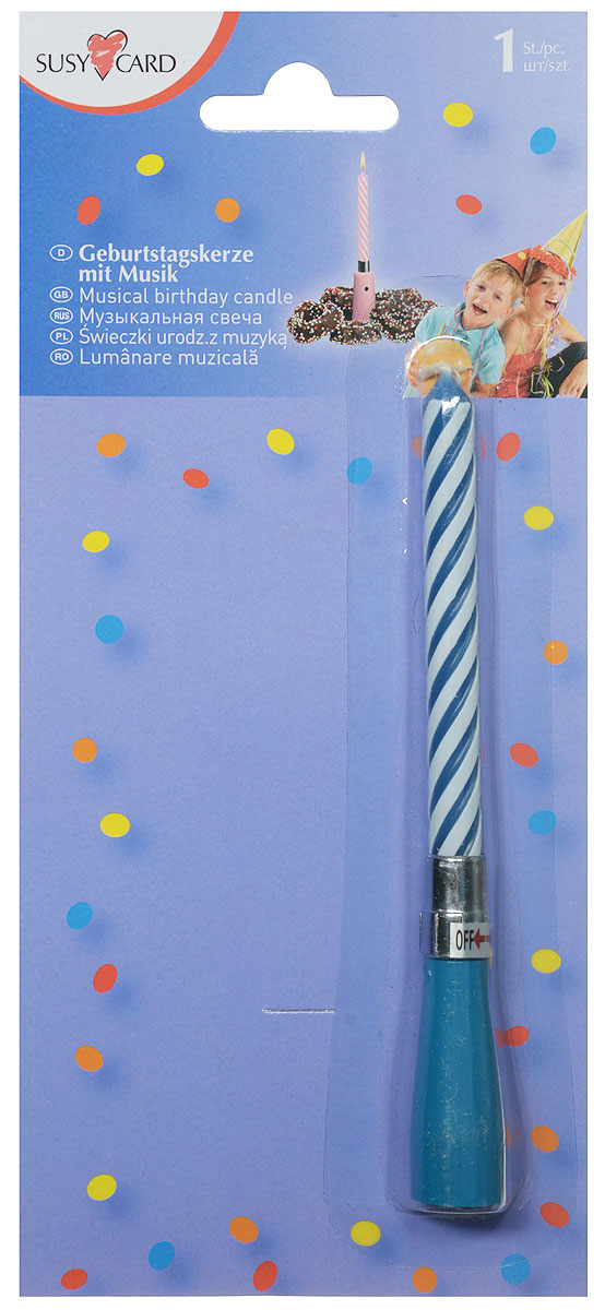 Susy Card Свеча для торта музыкальная Happy Birthday цвет голубой11367091_голубой Susy Card Свеча для торта музыкальная Happy Birthday цвет голубой11367091_голубойОригинальная витая свеча Happy Birthday в музыкальном подсвечнике эффектно украсит праздничный стол и создаст особенную волшебную атмосферу на вашем празднике. Свеча выполнена из качественного парафина. Музыка начинает играть после того, как повернули свечу в подсвечнике против часовой стрелки. Выключается музыка поворотом по часовой стрелке. Основание свечи можно использовать многократно. С этой свечой ваш праздник станет еще удивительнее и веселее.