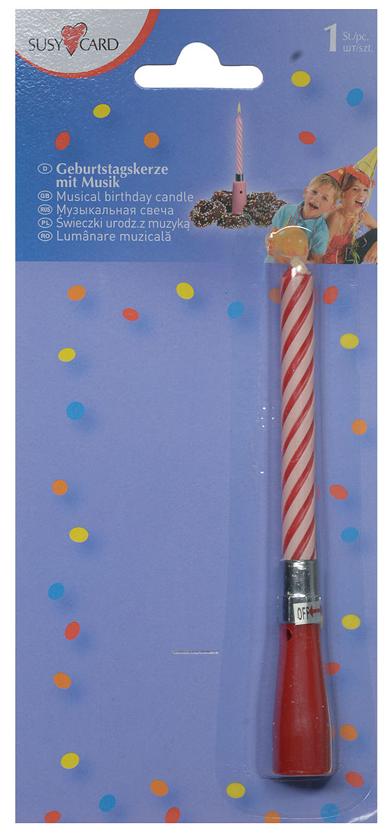 Susy Card Свеча для торта музыкальная Happy Birthday цвет красный11367091_красный Susy Card Свеча для торта музыкальная Happy Birthday цвет красный11367091_красныйОригинальная витая свеча Happy Birthday в музыкальном подсвечнике эффектно украсит праздничный стол и создаст особенную волшебную атмосферу на вашем празднике. Свеча выполнена из качественного парафина. Музыка начинает играть после того, как повернули свечу в подсвечнике против часовой стрелки. Выключается музыка поворотом по часовой стрелке. Основание свечи можно использовать многократно. С этой свечой ваш праздник станет еще удивительнее и веселее.