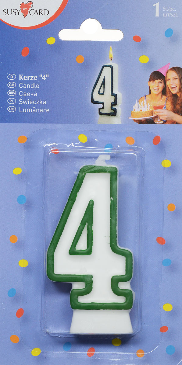 Susy Card Свеча-цифра для торта 4 года цвет зеленый11142353_зеленый Susy Card Свеча-цифра для торта 4 года цвет зеленый11142353_зеленыйСвеча-цифра для торта Susy Card изготовлена из высококачественного парафина в виде цифры 4. Это отличное решение для декорирования торта к празднику. Ее можно комбинировать с другими цифрами. Изделие хорошо и долго горит. С этой свечой ваш праздник станет еще удивительнее и веселее.