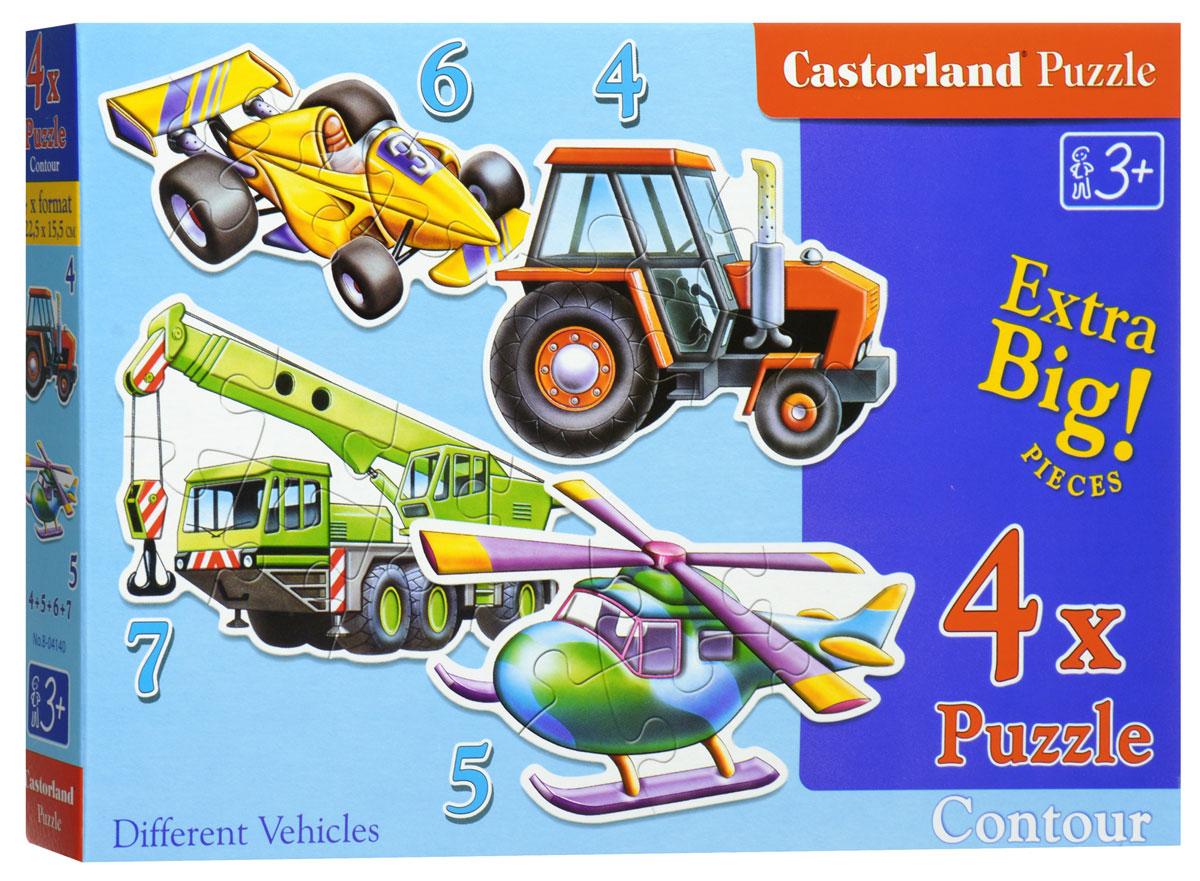 Castorland Пазл 4 в 1 Транспорт с вертолетомВ-04140_ Castorland Пазл 4 в 1 Транспорт с вертолетомВ-04140_Пазл Транспорт, без сомнения, придется по душе вашему ребенку. В комплект входят четыре пазла с изображением различных служебных видов транспорта: вертолета, трактора, гоночного болида и автокрана. Пазлы включают в себя 4, 5, 6 и 7 элементов. Пазлы - замечательная развивающая игра для детей. Собирание пазла развивает у ребенка мелкую моторику рук, тренирует наблюдательность, логическое мышление, знакомит с окружающим миром, с цветом и разнообразными формами, учит усидчивости и терпению, аккуратности и вниманию.