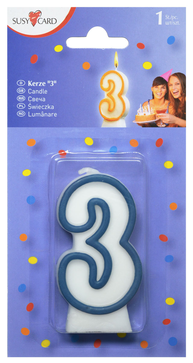 Susy Card Свеча-цифра для торта 3 года цвет синий11142346_синий Susy Card Свеча-цифра для торта 3 года цвет синий11142346_синийСвеча-цифра для торта Susy Card изготовлена из высококачественного парафина в виде цифры 3. Это отличное решение для декорирования торта к празднику. Ее можно комбинировать с другими цифрами. Изделие хорошо и долго горит. С этой свечой ваш праздник станет еще удивительнее и веселее.