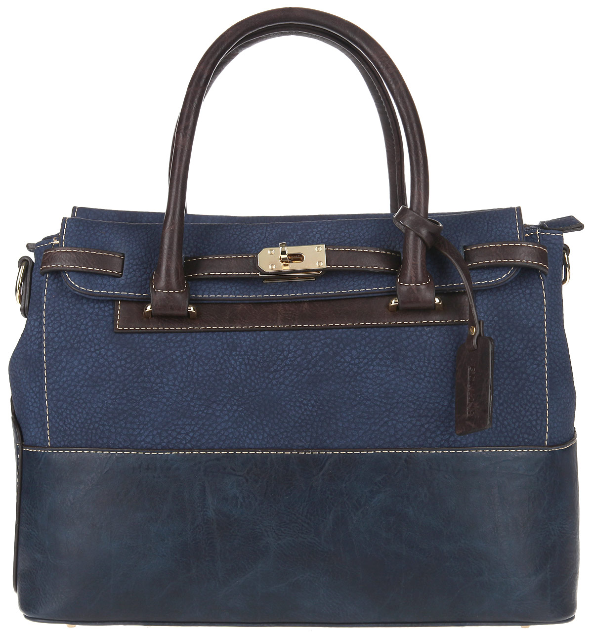 Сумка женская Edmins, цвет: синий, коричневый. 75117511 ED blue/brown Сумка женская Edmins, цвет: синий, коричневый. 75117511 ED blue/brownСтильная сумка Edmins, изготовлена из искусственной кожи с зернистой фактурой, оформлена подвеской с символикой бренда. Изделие содержит три отделения. Основное отделение закрывается на застежку-молнию, внутри отделения расположены два накладных кармашка для мелочей, два фиксатора для ручек и врезной карман на молнии. Вспомогательные отделения закрываются клапанами на магнитные кнопки. Вспомогательное отделение, расположенное с лицевой стороны, дополнено замком-вертушкой. Сумка оснащена двумя удобными ручками и съемным плечевым ремнем регулируемой длины, которые позволят носить сумку, как в руках, так и на плече. На дне сумки размещены металлические ножки, которые защитят дно от преждевременного изнашивания. Оригинальный аксессуар позволит вам завершить образ и быть неотразимой.