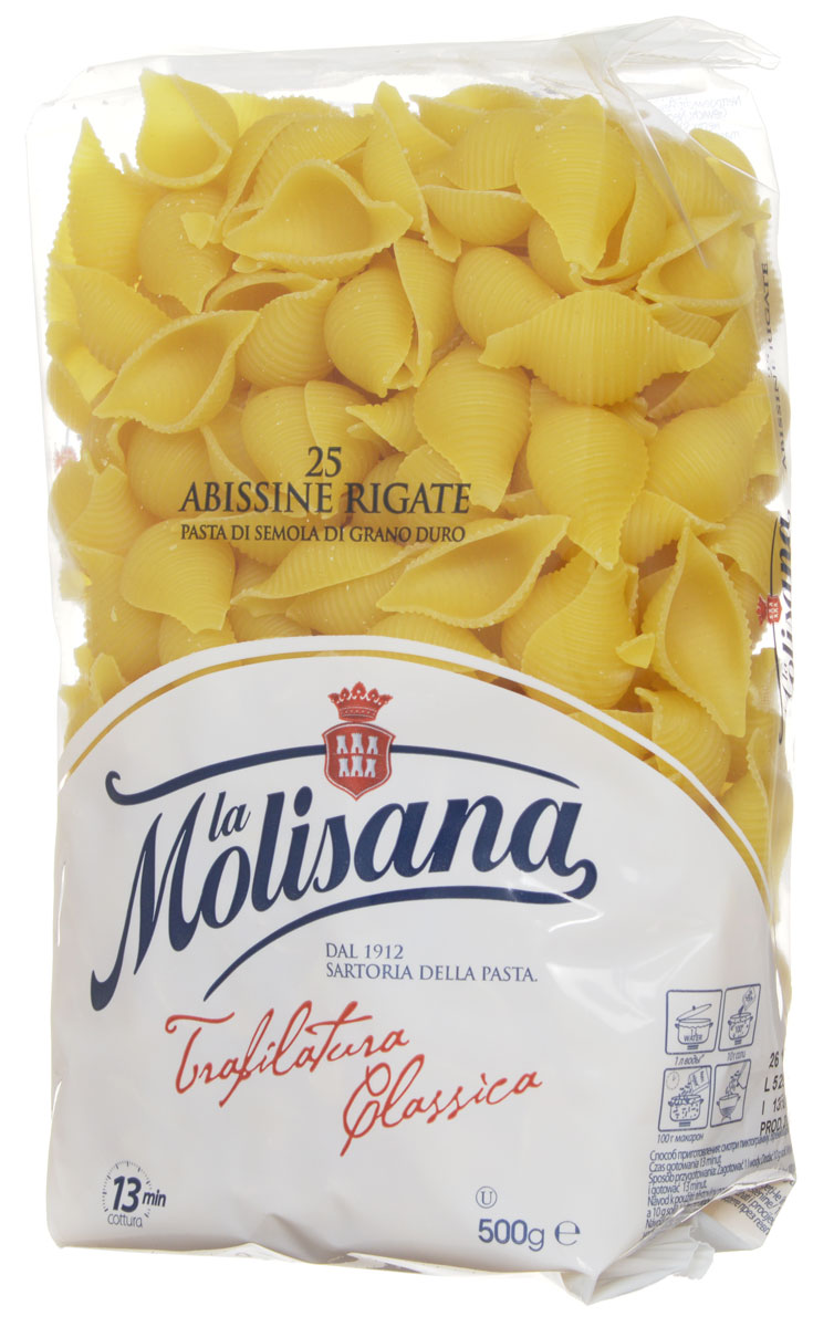 La Molisana Abissine Rigate ракушки рифленые макаронные изделия 500 г0190012 La Molisana Abissine Rigate ракушки рифленые макаронные изделия 500 г0190012Макароны - ракушки La Molisana Abissine Rigate высшего сорта изготовлены из муки твердых сортов, содержащей чуть меньшее количество клейковины, чем обыкновенная мука. Она хорошо поглощает воду, макароны из нее при варке увеличиваются и не развариваются. Эти макаронные изделия станут великолепным гарниром в сочетании с разнообразными соусами или отличным самостоятельным блюдом для истинных любителей итальянских макарон!