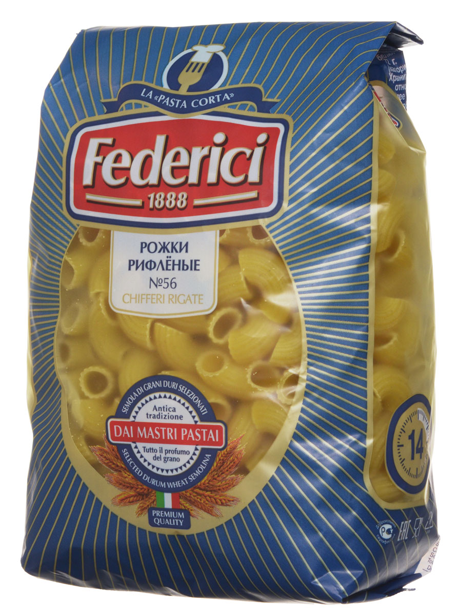Federici Chifferi Rigate рожки рифленые макаронные изделия, 500 г0100056 Federici Chifferi Rigate рожки рифленые макаронные изделия, 500 г0100056Рифленые рожки Federici Chifferi Rigate изготовлены из муки твердых сортов пшеницы высшего сорта, содержащей чуть меньшее количество клейковины, чем обыкновенная мука. Она хорошо поглощает воду, макароны из нее при варке увеличиваются и не развариваются. Рожки станут идеальным гарниром к мясу и прекрасно сочетаются с любым соусом.