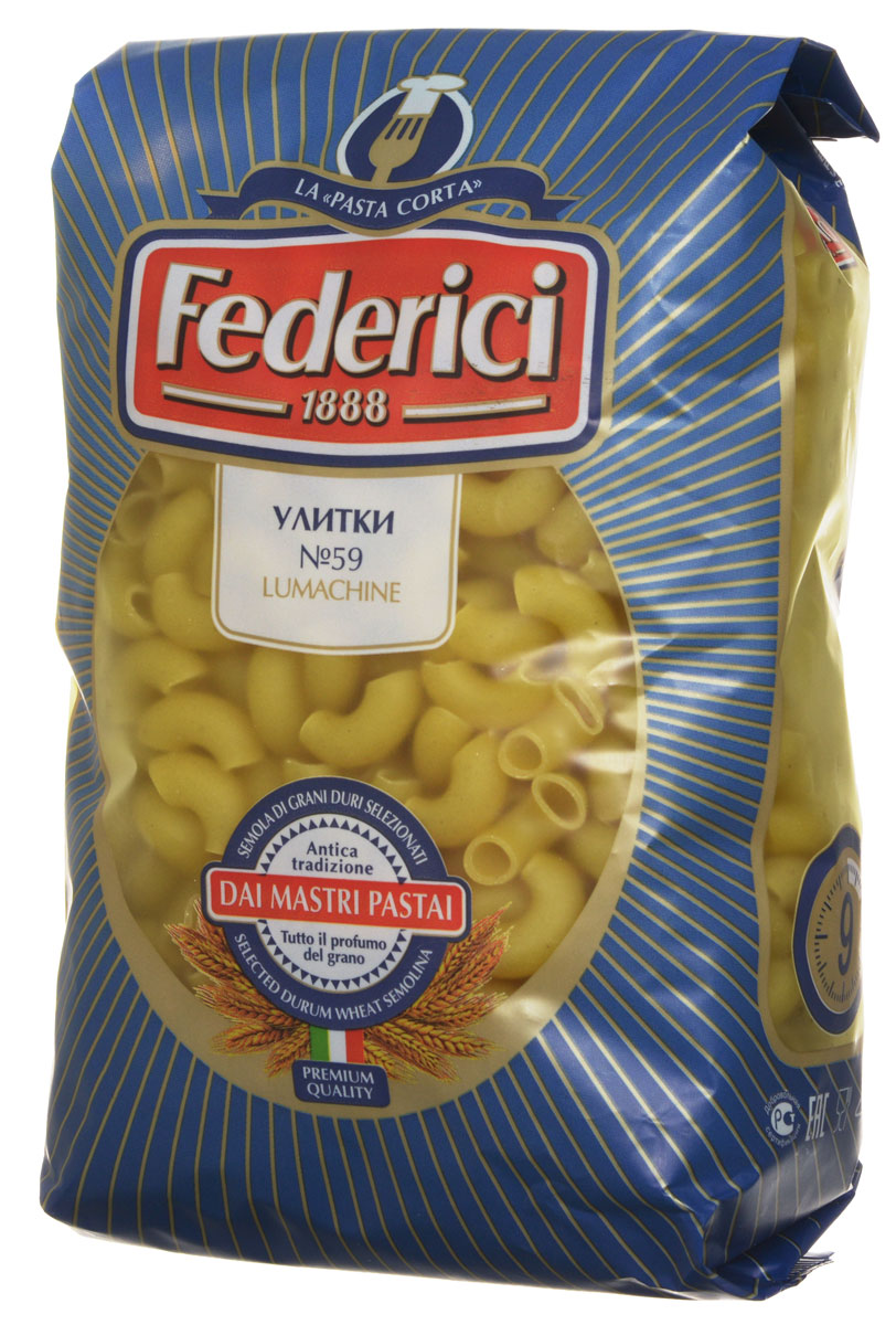 Federici Lumachine улитки макаронные изделия, 500 г0100059 Federici Lumachine улитки макаронные изделия, 500 г0100059Макароны - улитки Federici Lumachine высшего сорта изготовлены из муки твердых сортов, содержащей чуть меньшее количество клейковины, чем обыкновенная мука. Она хорошо поглощает воду, макароны из нее при варке увеличиваются и не развариваются. Отлично подойдут как гарнир к мясу или рыбе, а также вы можете создать самостоятельное блюдо с различными соусами, овощами или зеленью.