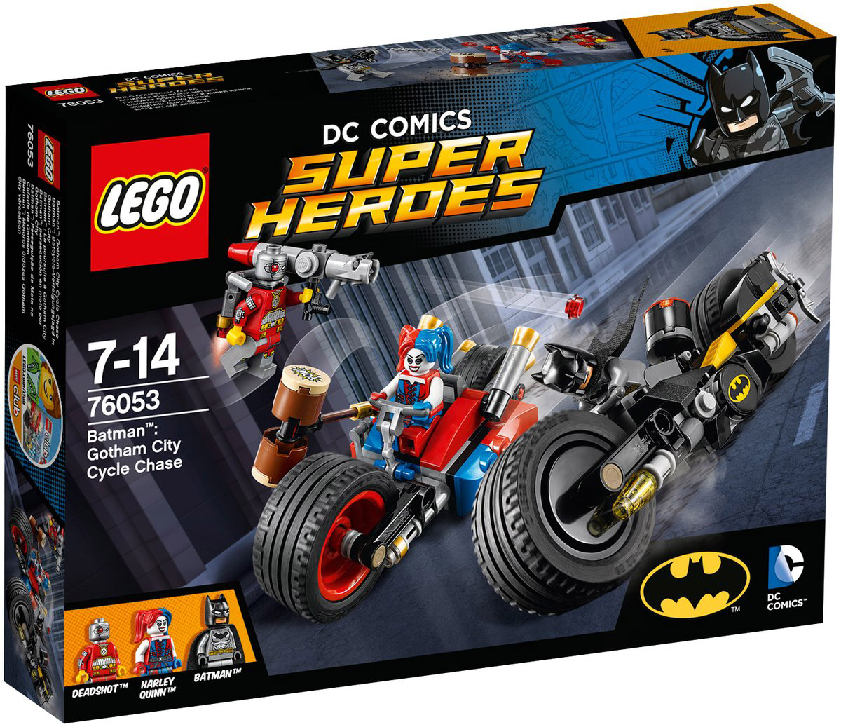LEGO Super Heroes Конструктор Бэтмен Погоня на мотоциклах по Готэм-сити 7605376053 LEGO Super Heroes Конструктор Бэтмен Погоня на мотоциклах по Готэм-сити 7605376053Дэдшот летает по городу на своем реактивном ранце и стреляет из базуки, вы должны выгнать его с помощью пушки Бэтмена! Поймайте Харли и перенесите схватку на землю, используя Батаранг Бэтмана и его ружье с крюком. Но осторожно - Харли может прикрепить к мотоциклу большой молоток и отправить Бэтмена в полет! Набор включает в себя 224 разноцветных пластиковых элемента. Конструктор - это один из самых увлекательных и веселых способов времяпрепровождения. Ребенок сможет часами играть с конструктором, придумывая различные ситуации и истории.