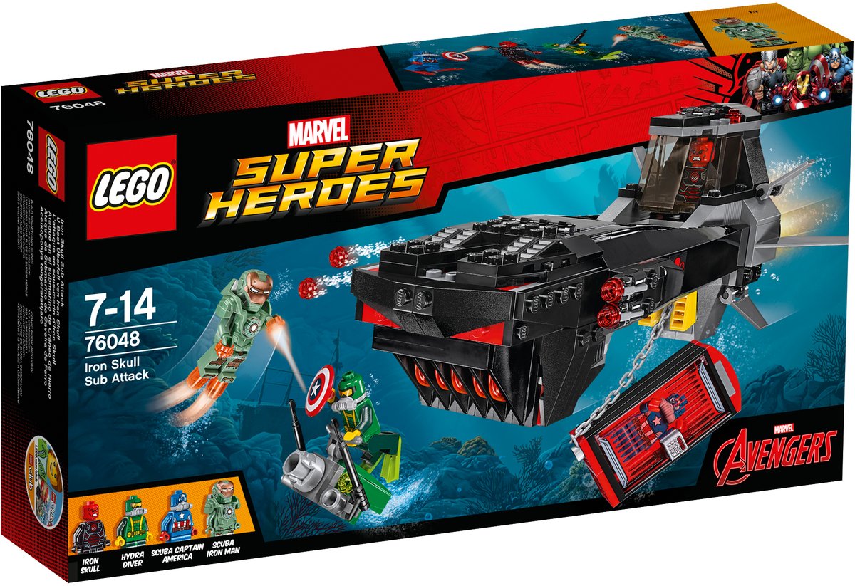 LEGO Super Heroes Конструктор Похищение Капитана Америка 7604876048 LEGO Super Heroes Конструктор Похищение Капитана Америка 7604876048Железный череп поймал Капитана Америка в ловушку на своей удивительной подводной лодке! Погрузись глубоко под воду вместе с Железным человеком в костюме водолаза, чтобы спасти одного из Мстителей. Отражай атаки Гидры и уворачивайся от выстрелов из шутеров подлодки. Затем встреться лицом к лицу с Железным черепом и срази его, чтобы освободить Капитана Америка! Конструктор LEGO Super Heroes Похищение Капитана Америка включает в себя 335 разноцветных пластиковых элементов с четырьмя фигурками. Конструктор - это один из самых увлекательных и веселых способов времяпрепровождения. Ребенок сможет часами играть с конструктором, придумывая различные ситуации и истории.