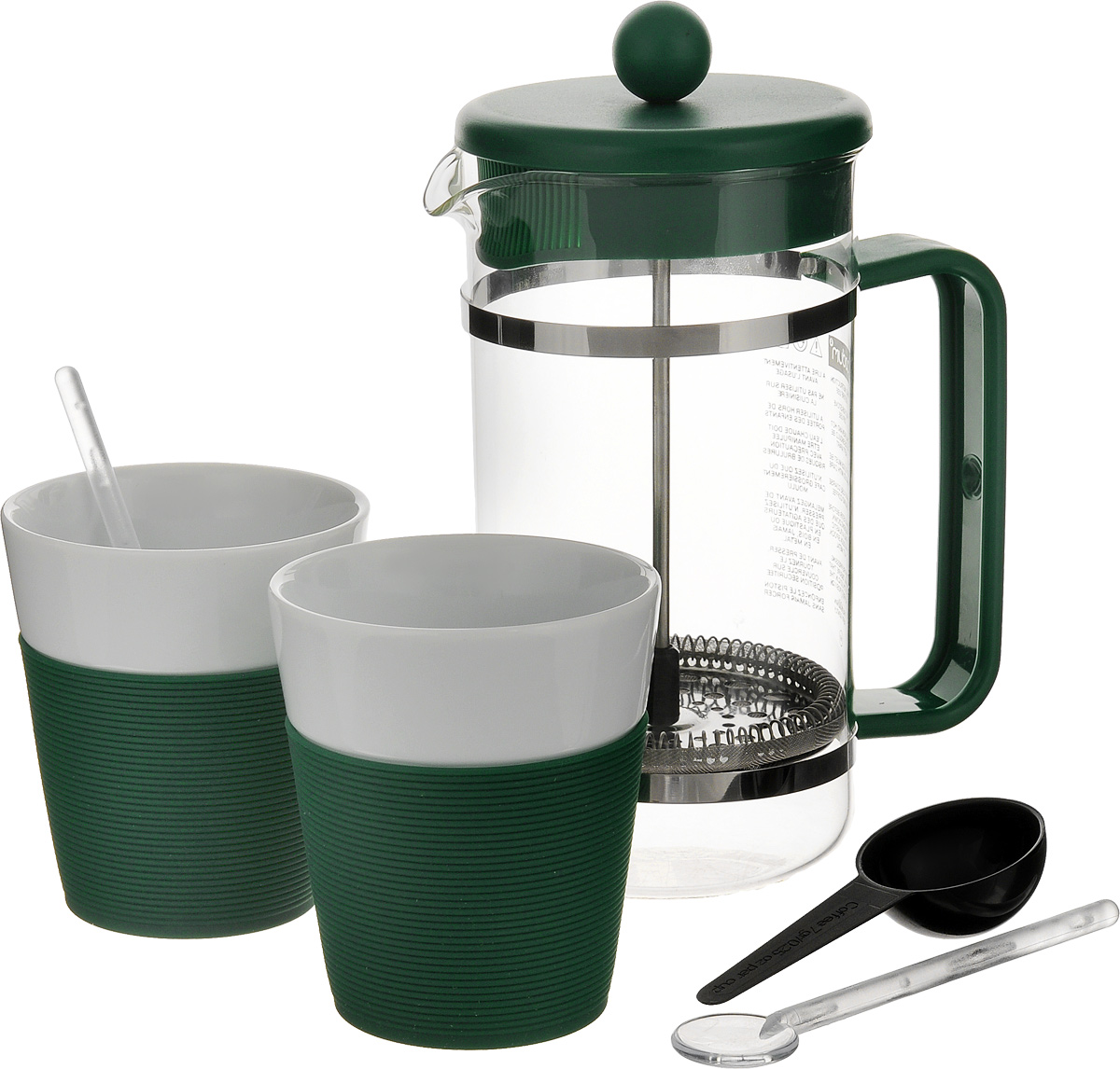 Набор кофейный Bodum Bistro, цвет: зеленый, белый, 5 предметов. AK1508-XY-Y15AK1508-XY-Y15_зеленый Набор кофейный Bodum Bistro, цвет: зеленый, белый, 5 предметов. AK1508-XY-Y15AK1508-XY-Y15_зеленыйКофейный набор Bodum Bistro состоит из чайника френч-пресса, 2 стаканов и 2 ложек. Френч-пресс выполнен из высококачественного жаропрочного стекла, нержавеющей стали и пластика. Френч-пресс - это заварочный чайник, который поможет быстро приготовить вкусный и ароматный чай или кофе. Металлический нержавеющий фильтр задерживает чайные листочки и частички зерен кофе. Засыпая чайную заварку или кофе под фильтр, заливая горячей водой, вы получаете ароматный напиток с оптимальной крепостью и насыщенностью. Остановить процесс заваривания легко, для этого нужно просто опустить поршень, и все уйдет вниз, оставляя сверху напиток, готовый к употреблению. Для френч-пресса предусмотрена специальная пластиковая ложечка. Элегантные стаканы выполнены из высококачественного фарфора и оснащены резиновой вставкой, защищающей ваши руки от высоких температур. В комплекте - 2 мерные ложечки, выполненные из пластика. Яркий и стильный набор украсит стол к...