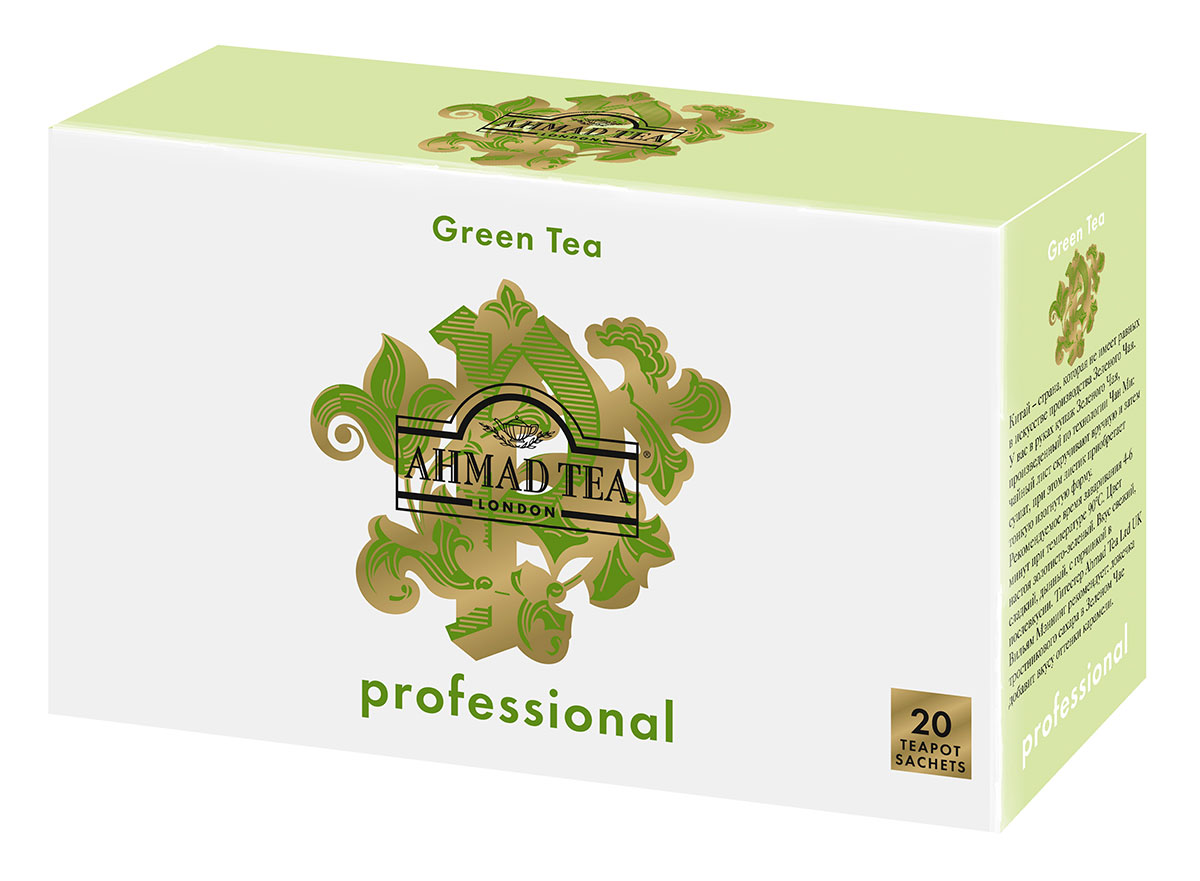 Ahmad Tea Professional Зеленый листовой чай в фильтр-пакетах для заваривания в чайнике, 20 шт1588 Ahmad Tea Professional Зеленый листовой чай в фильтр-пакетах для заваривания в чайнике, 20 шт1588Китай – страна, которая не имеет равных в искусстве производства зеленого чая. У вас в руках купаж зеленого чая, произведенный по технологии Чан Ми: чайный лист скручивают вручную и затем сушат, при этом листик приобретает тонкую изогнутую форму. Чай имеет свежий, сладкий, дынный вкус с горчинкой в послевкусии. Вильям Мэннинг рекомендует: ложечка тростникового сахара в зеленом чае добавит вкусу оттенки карамели.