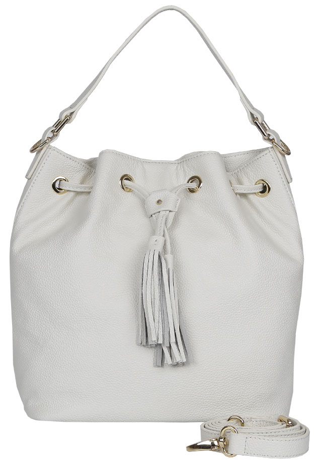 Сумка женская Fabretti, цвет: белый. N2543N2543-white Сумка женская Fabretti, цвет: белый. N2543N2543-whiteЖенская сумка Fabretti белого цвета из натуральной кожи.. Внутри: одно отделение. На боковых стенках расположены: один карман на молнии и один открытый карман для мелочей. Сумка закрывается на стягивающий шнурок и дополнительно магнитную кнопку.Аксессуар декорирован кисточками из кожи. Фурнитура - блестящее золото.Кожа средней плотности.Носится в руке и на плече. Наплечный ремень регулируется. Сумка не вмещает формат А4. Форму держит.