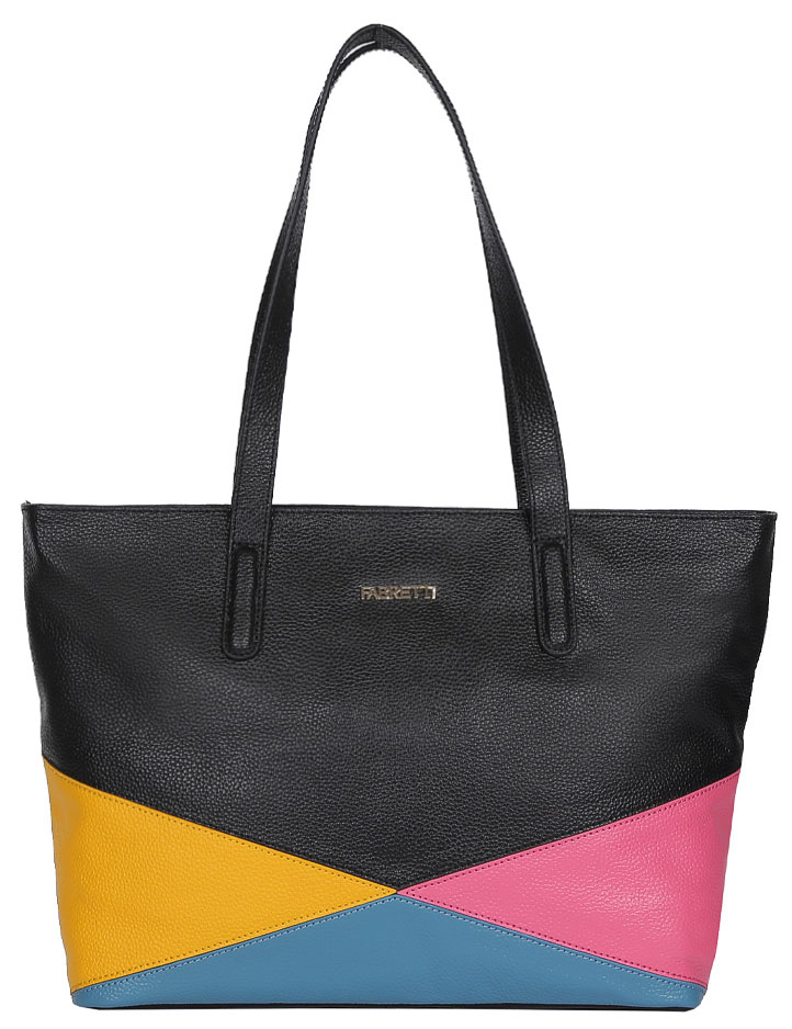 Сумка женская Fabretti, цвет: черный, голубой, розовый. N2545N2545-black Сумка женская Fabretti, цвет: черный, голубой, розовый. N2545N2545-blackСтильная сумка Fabretti выполнена из натуральной кожи с зернистой фактурой, оформлена цветными вставками и металлической пластиной с логотипом бренда. Изделие содержит одно отделение, закрывающееся на застежку-молнию. Внутри сумки размещены два накладных кармашка для мелочей, карман-средник на молнии и врезной карман на застежке-молнии. Снаружи, на задней стороне сумки, расположен врезной карман на молнии. Сумка оснащена двумя практичными ручками, которые позволят носить изделие, как в руках, так и на плече. Дно изделия оснащено металлическими ножками. В комплекте с изделием поставляется чехол для хранения. Модная сумка идеально подчеркнет ваш неповторимый стиль.