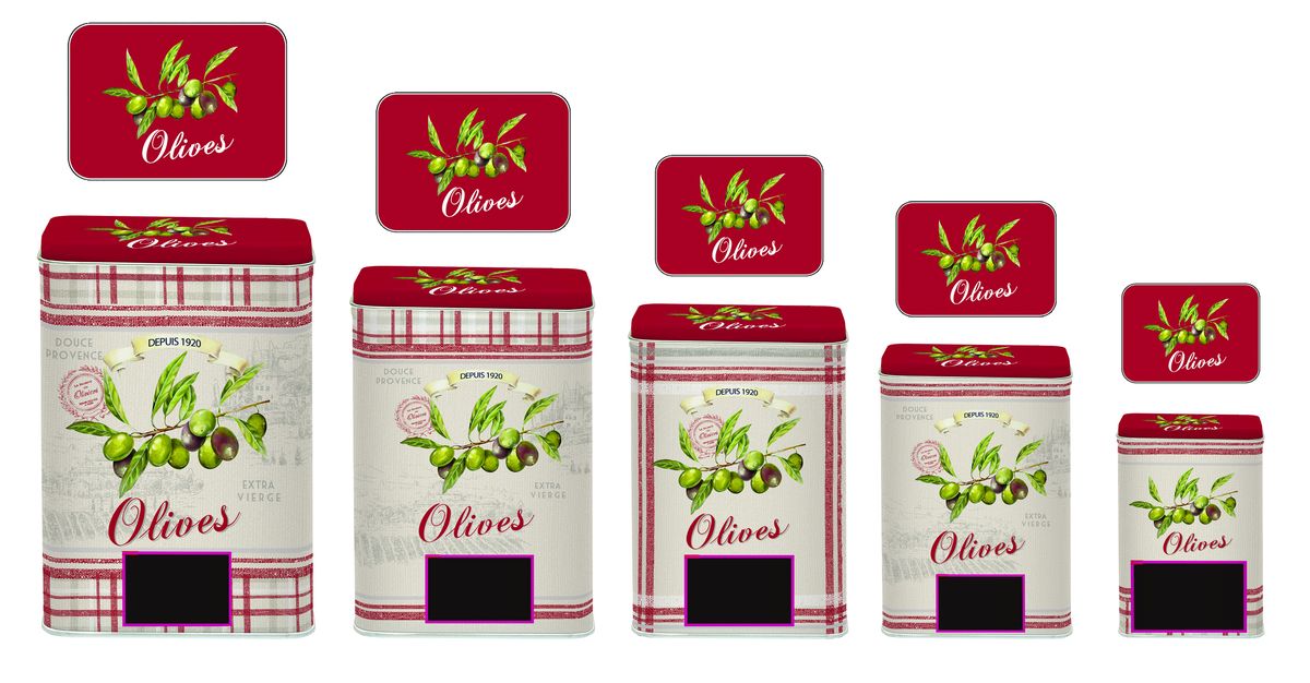 Набор банок для сыпучих продуктов Nuova R2S Оливки 5 шт, металл075OLIV Набор банок для сыпучих продуктов Nuova R2S Оливки 5 шт, металл075OLIVРазмер банок (с учетом крышки): 12,5 х 9 х 17,5 см; 11 х 7,5 х 16,5 см; 9,5 х 6,5 х 14,5 см; 8,7 х 5,8 х 11,5 см; 7,5 х 5 х 9,5 см.