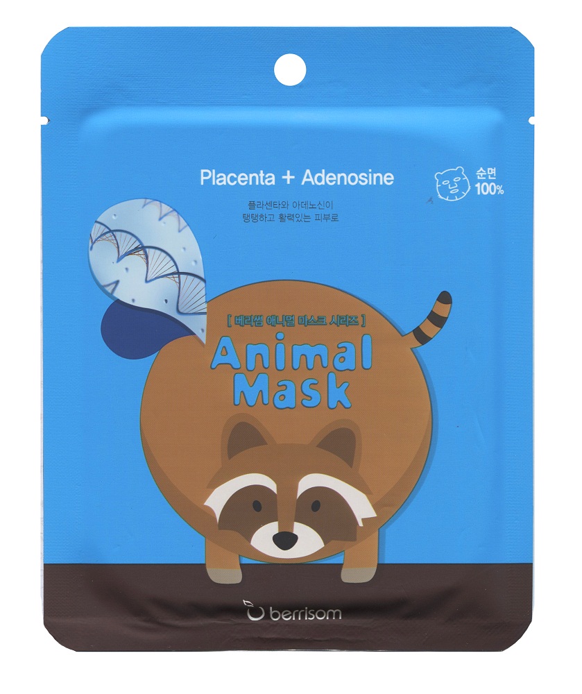 Berrisom Маска для лица серии Animal mask (Енот), 25 мл8809211650941 Berrisom Маска для лица серии Animal mask (Енот), 25 мл8809211650941Функциональная маска для лица с плацентой и аденозином эффективно повышает эластичность кожи, разглаживает морщины, делая кожу здоровой. Церамиды и ледниковая вода в составе маски увлажняют кожу, укрепляя ее липидный барьер. Кроме того, изображение енота, нанесенное на 100% хлопковую основу маски, поднимет настроение и позволит весело провести время ухода за кожей.
