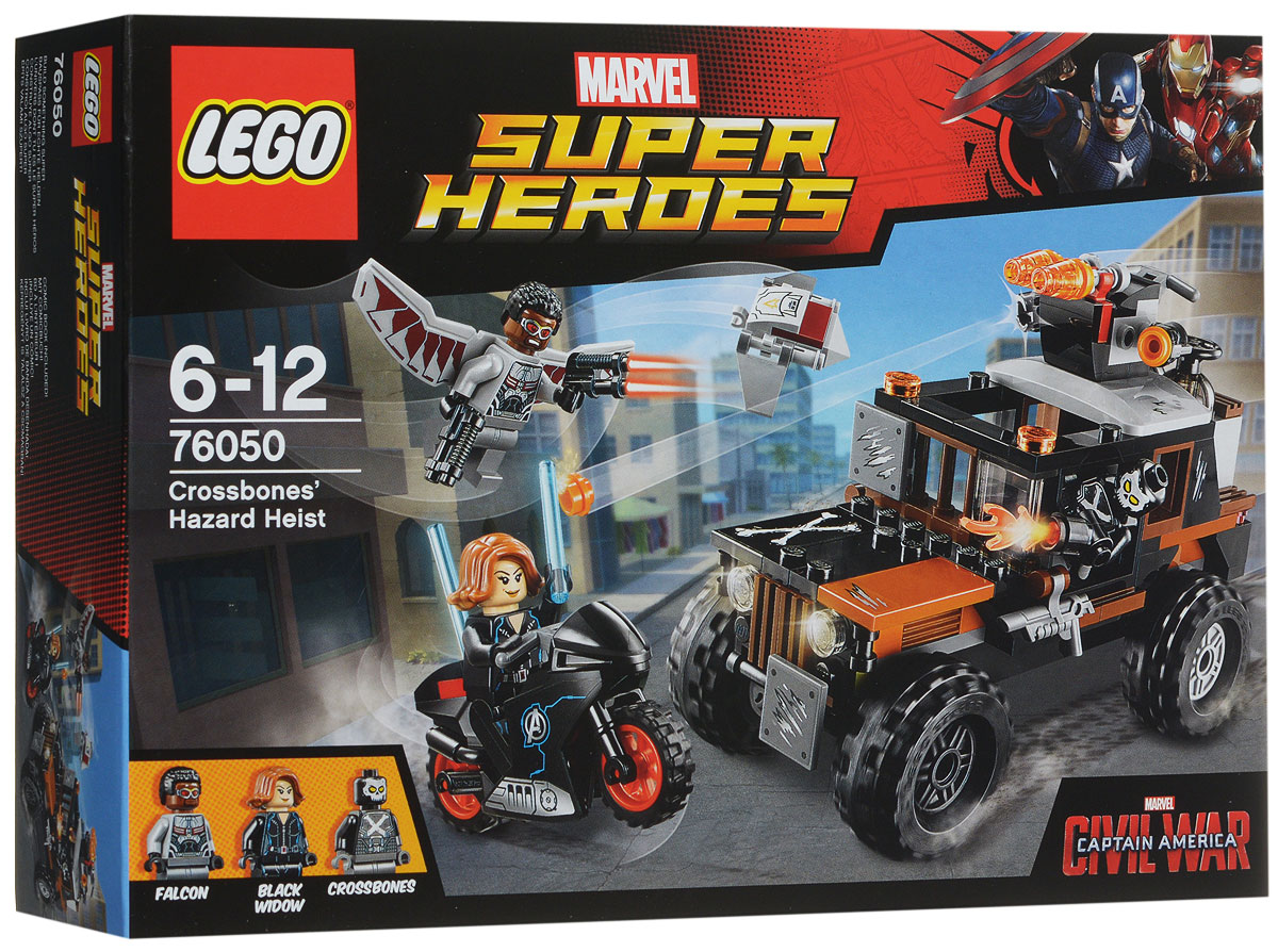 LEGO Super Heroes Конструктор Опасное ограбление 7605076050 LEGO Super Heroes Конструктор Опасное ограбление 7605076050Злодей Кроссбоунс украл опасное ядовитое вещество и спрятал его в контейнере грузовика. Объединитесь с Черной Вдовой и Фальконом, чтобы остановить его. Устройте погоню на байке Черной Вдовы, с помощью ее жезла вы сможете отражать удары пушки, установленной на грузовике. Вступите в сражение с Фальконом и отсоедините дрона Редвинга. Взорвите контейнер, прикрепите сумку к дрону и верните его обратно в целости и сохранности! Набор включает в себя 179 разноцветных пластиковых элементов. Конструктор - это один из самых увлекательных и веселых способов времяпрепровождения. Ребенок сможет часами играть с конструктором, придумывая различные ситуации и истории.