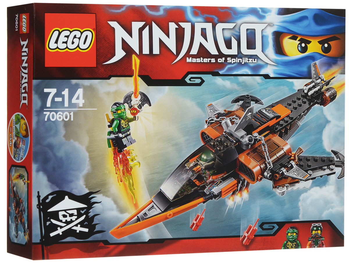 LEGO NINJAGO Конструктор Небесная акула 7060170601 LEGO NINJAGO Конструктор Небесная акула 7060170601Отправьте беспилотник на разведку к этому удивительному самолету, оснащенному целым набором опасных клинков, пушек и всяких классных пиратских штучек. Но остерегайтесь подвоха - Небесная акула может сбросить динамит или тухлую рыбу в любой момент! Затем превратите беспилотник в реактивный ранец для Ллойда и отправьте героя-ниндзя в бой. Сбейте Небесную акулу и сражайтесь, чтобы освободить Кая, заточенного в Джинн-клинок! Набор включает в себя 221 разноцветный пластиковый элемент. Конструктор - это один из самых увлекательных и веселых способов времяпрепровождения. Ребенок сможет часами играть с конструктором, придумывая различные ситуации и истории.