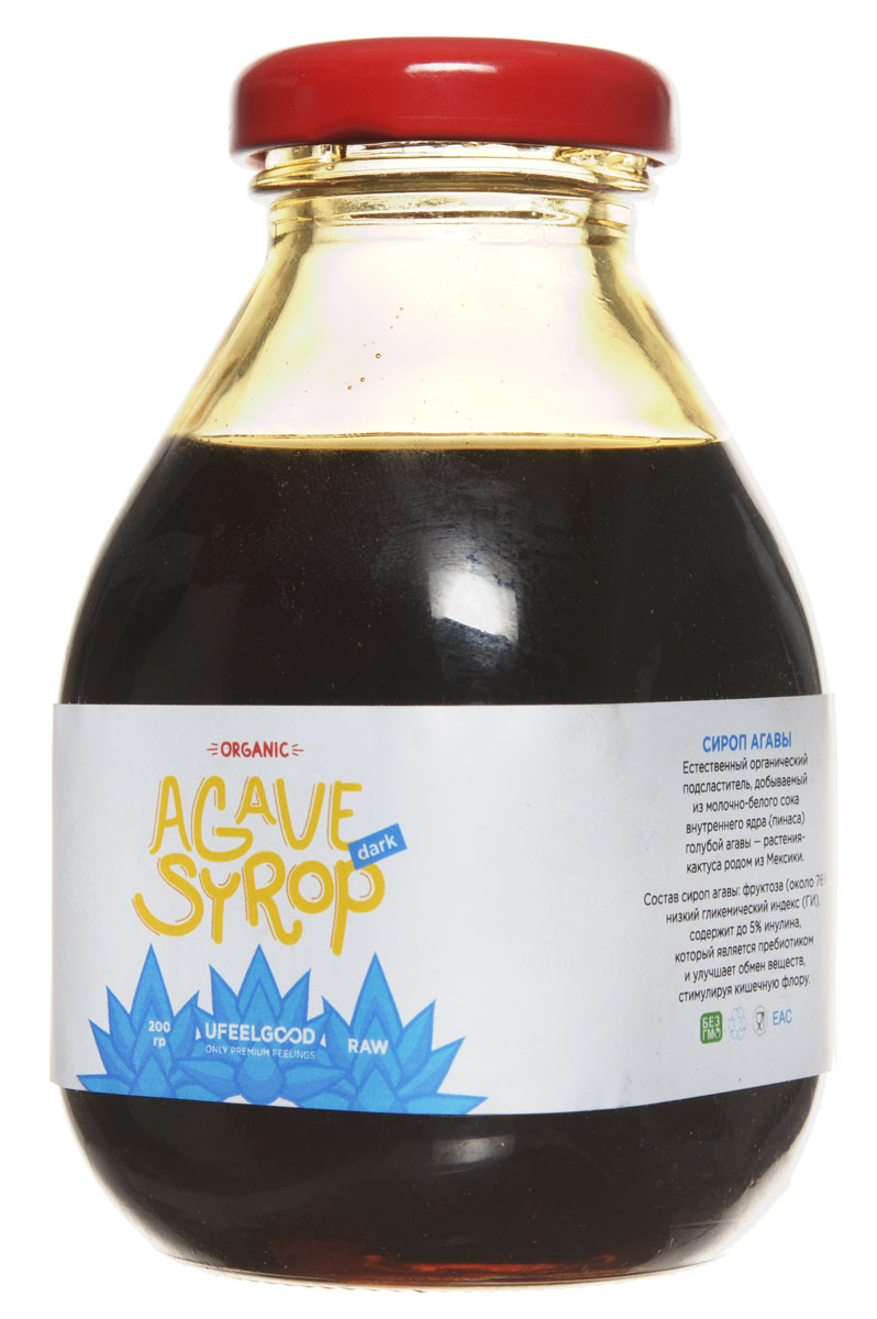UFEELGOOD Organic Syrup Agava органический сироп агавы, 200 мл149 UFEELGOOD Organic Syrup Agava органический сироп агавы, 200 мл149Агава – это кактус, который распространён в западной Мексике. Науке известны 136 его видов, среди который особенно популярна голубая агава. Индейцами Южной и Центральной Америки полезные свойства агавы и вкусовые качества этого растения используются несколько тысяч лет. Нектар агавы они применяли в приготовлении пищи, разных напитков и - удивительно - ткани. В наши дни широким спросом во всем мире пользуется сироп голубой агавы благодаря натуральным свойствам и приятной сладости. Такой сироп — натуральный органический подсластитель, который добывается из сока пинаса - ядра голубой агавы. Сок этот имеет белый цвет, а конечный продукт может быть любого другого оттенка. Более 76% состава сиропа агавы от UFEELGOOD составляет органическая фруктоза - которая слаще и гораздо полезнее сахара. В пользу сиропа агавы говорят следующие его свойства: Низкий гликемический индекс (47 из 100) Блокировка выработки инсулина Малое содержание углеводов в...