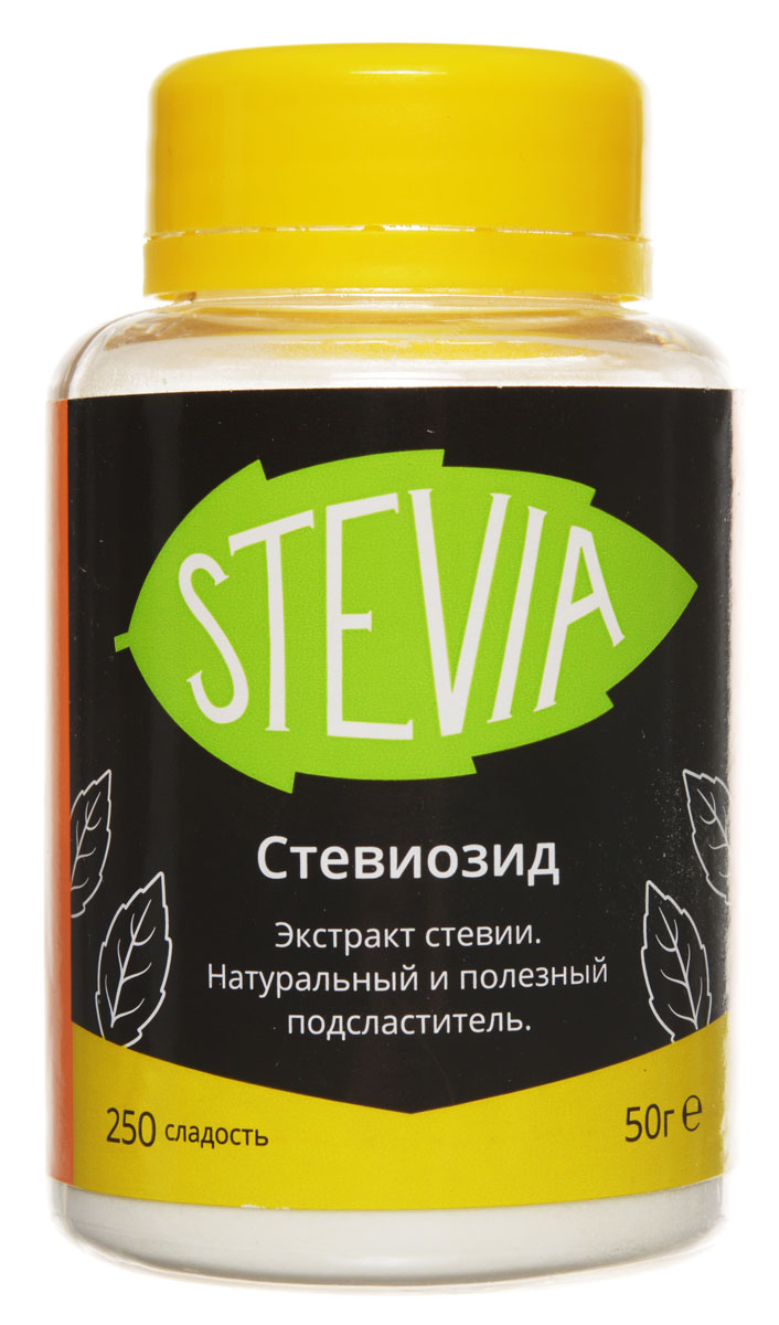 UFEELGOOD Stevia стевиозид молотый сладость 250, 50 г144 UFEELGOOD Stevia стевиозид молотый сладость 250, 50 г144Стевия UFEELGOOD - натуральный и полезный южноамериканский подсластитель, в 15 - 30 раз слаще сахара. Широкая популярность сладкой травы стевии объясняется содержанием в ее листьях значительного количества витаминов, аминокислот, микроэлементов. Она оказывает благотворное влияние на: Сердечно-сосудистую систему Органы пищеварения Печень и желчный пузырь Иммунную систему Зубы и десны На этом полезные свойства растения не заканчиваются. Как сахарозаменитель стевию рекомендуют диабетикам, поскольку она регулирует уровень содержания сахара в крови, влияет на уменьшения холестерина и радионуклидов и способствует выработке поджелудочной железой инсулина. Активно используют листья стевии и в косметологии при дерматите, экземе, порезах, ожогах. Растение помогает успешно бороться с лишним весом. Стевиозид - натуральный и полезный экстракт из листьев стевии слаще сахара с сотни раз. Он способен полностью удовлетворить вкус к сладкому.