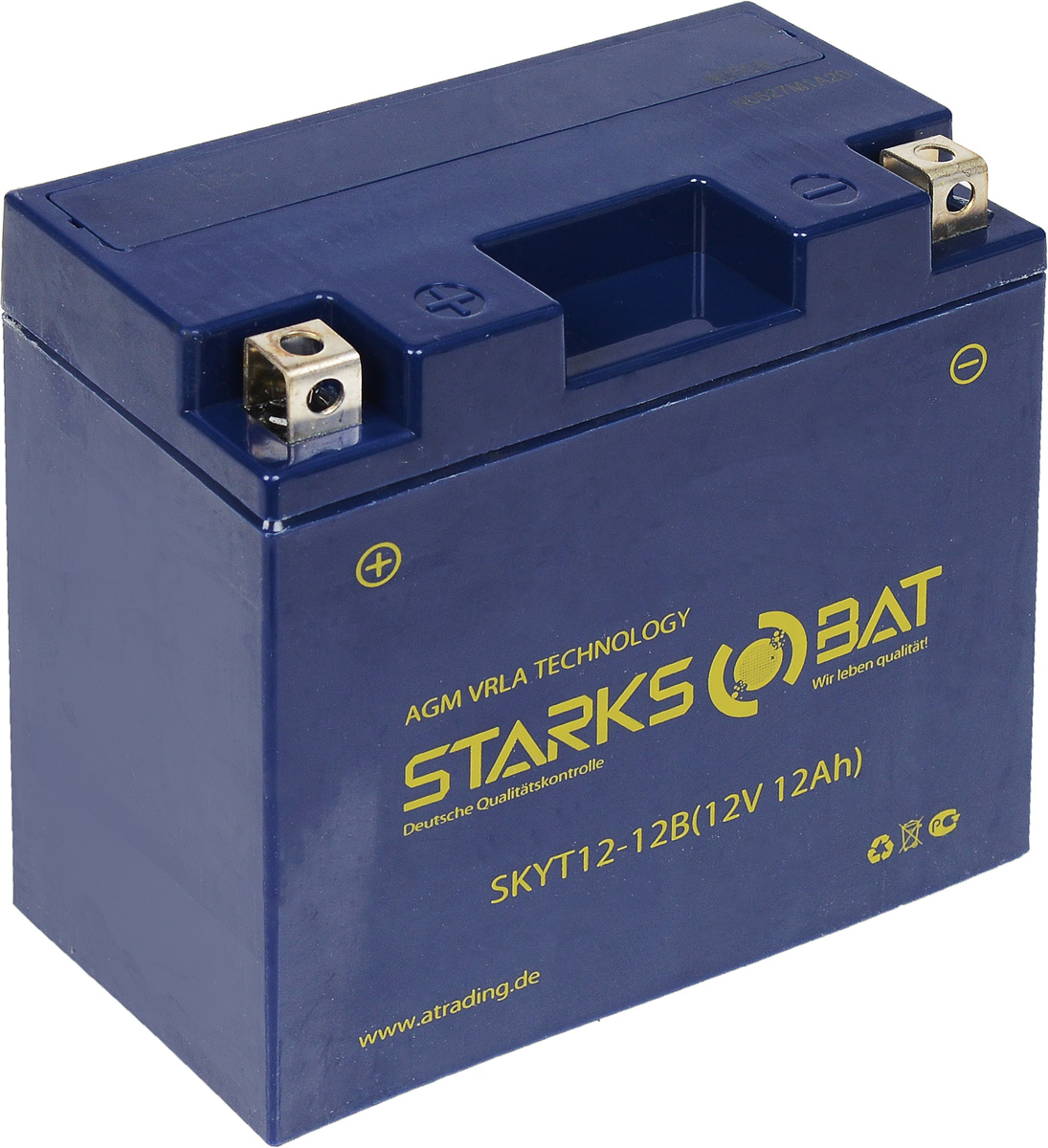 Батарея аккумуляторная для мотоциклов Starksbat. YT 12-12B (YT14B-BS)YT 12-12B Батарея аккумуляторная для мотоциклов Starksbat. YT 12-12B (YT14B-BS)YT 12-12BАккумулятор Starksbat изготовлен по технологии AGM, обеспечивающей повышенный уровень безопасности батареи и удобство ее эксплуатации. Корпус выполнен из особо ударопрочного и морозостойкого полипропилена. Аккумулятор блестяще доказал свои высокие эксплуатационные свойства в самых экстремальных условиях бездорожья, высоких и низких температур. Аккумуляторная батарея Starksbat производится под знаменитым немецким контролем качества, что обеспечивает ему высокие пусковые характеристики и восстановление емкости даже после глубокого разряда. Напряжение: 12 В. Емкость: 12 Ач. Полярность: прямая (+ -). Ток холодной прокрутки: 160 Аh (EN).
