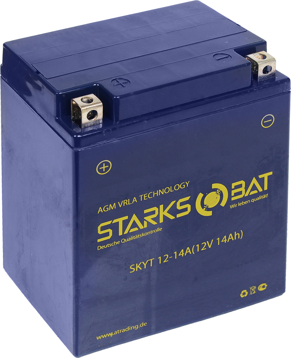 Батарея аккумуляторная для мотоциклов Starksbat. YT 12-14A (YB14A-A2)YT 12-14A Батарея аккумуляторная для мотоциклов Starksbat. YT 12-14A (YB14A-A2)YT 12-14AАккумулятор Starksbat изготовлен по технологии AGM, обеспечивающей повышенный уровень безопасности батареи и удобство ее эксплуатации. Корпус выполнен из особо ударопрочного и морозостойкого полипропилена. Аккумулятор блестяще доказал свои высокие эксплуатационные свойства в самых экстремальных условиях бездорожья, высоких и низких температур. Аккумуляторная батарея Starksbat производится под знаменитым немецким контролем качества, что обеспечивает ему высокие пусковые характеристики и восстановление емкости даже после глубокого разряда. Напряжение: 12 В. Емкость: 14 Ач. Полярность: прямая (+ -). Ток холодной прокрутки: 180 Аh (EN).