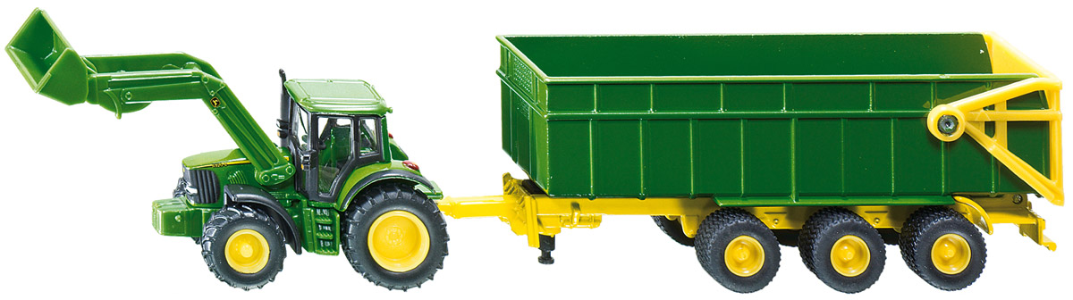 Siku Трактор John Deere с ковшом и прицепом-кузовом1843 Siku Трактор John Deere с ковшом и прицепом-кузовом1843Трактор John Deere с ковшом и прицепом-кузовом Siku выполнен в масштабе 1:87. Корпус трактора выполнен из металла, кабина трактора и кузов прицепа - из пластика, колеса трактора и прицепа выполнены из резины и имеют свободный ход. Прицеп отцепляется от трактора, боковой борт кузова открывается. Тщательно проработанные детали трактора с прицепом делают этот набор максимально реалистичным и интересным для игры.