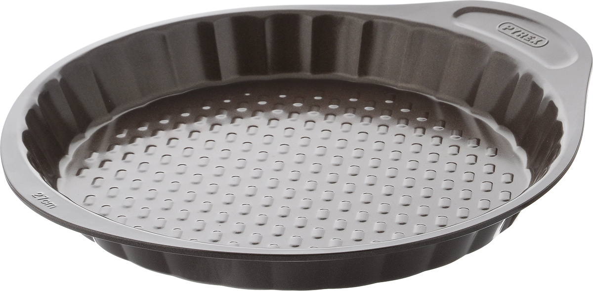 Форма для выпечки Pyrex Asimetria, круглая, с антипригарным покрытием, диаметр 27 смAS27BN0 Форма для выпечки Pyrex Asimetria, круглая, с антипригарным покрытием, диаметр 27 смAS27BN0Форма для выпечки Pyrex Asimetria изготовлена из углеродистой стали с антипригарным покрытием на всей поверхности и текстурным дном. Изделие снабжено удобной ручкой для комфортного использования. Стенки волнистые, что придает готовой выпечке аппетитный внешний вид. Пища в такой форме не пригорает и не прилипает к стенкам, готовое блюдо легко вынимается. Изделие прекрасно подойдет для выпечки и запекания. Такая форма станет полезным приобретением для вашей кухни. Можно мыть в посудомоечной машине и использовать в духовке при температуре до 230°С. Внутренний диаметр формы: 27 см. Размер формы (с учетом ручки): 33 х 29 см. Высота стенки: 3,5 см.