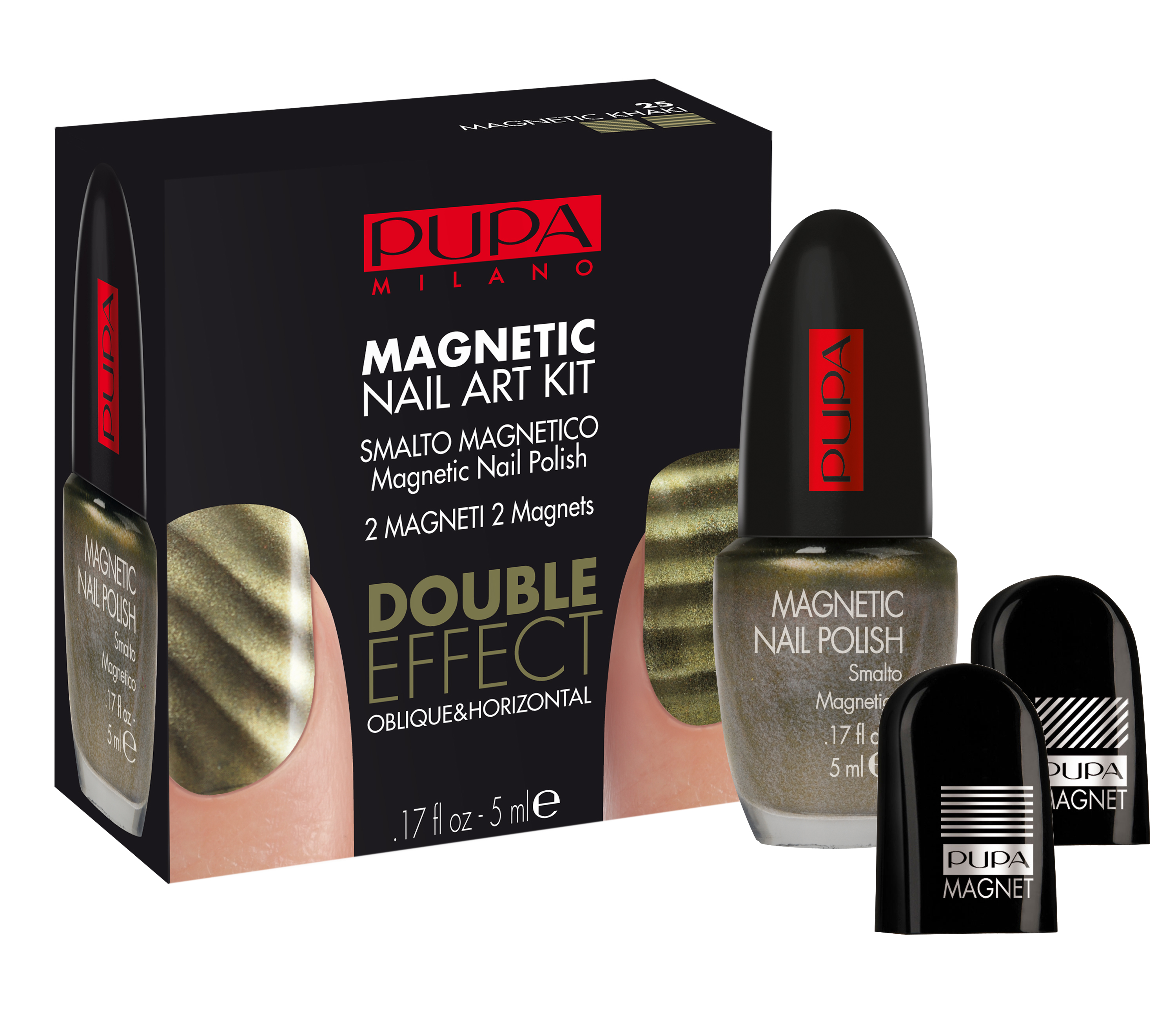 Pupa Набор для маникюра с магнитным лаком №25 хаки Magnetic nail art kit, 5 мл341025 Pupa Набор для маникюра с магнитным лаком №25 хаки Magnetic nail art kit, 5 мл341025Эксклюзивный косметический набор для “притягательного” маникюра! В составе набора Вы найдете: магнитный лак для ногтей с металлическим эффектом: содержит частички металла, которые при взаимодействии с магнитом, образуют удивительные узоры на ногтях, придают маникюру особенное сияние и обеспечивают безупречное покрытие. Магниты (2 шт.): с эффектoм горизонтальных и диагональных линий.