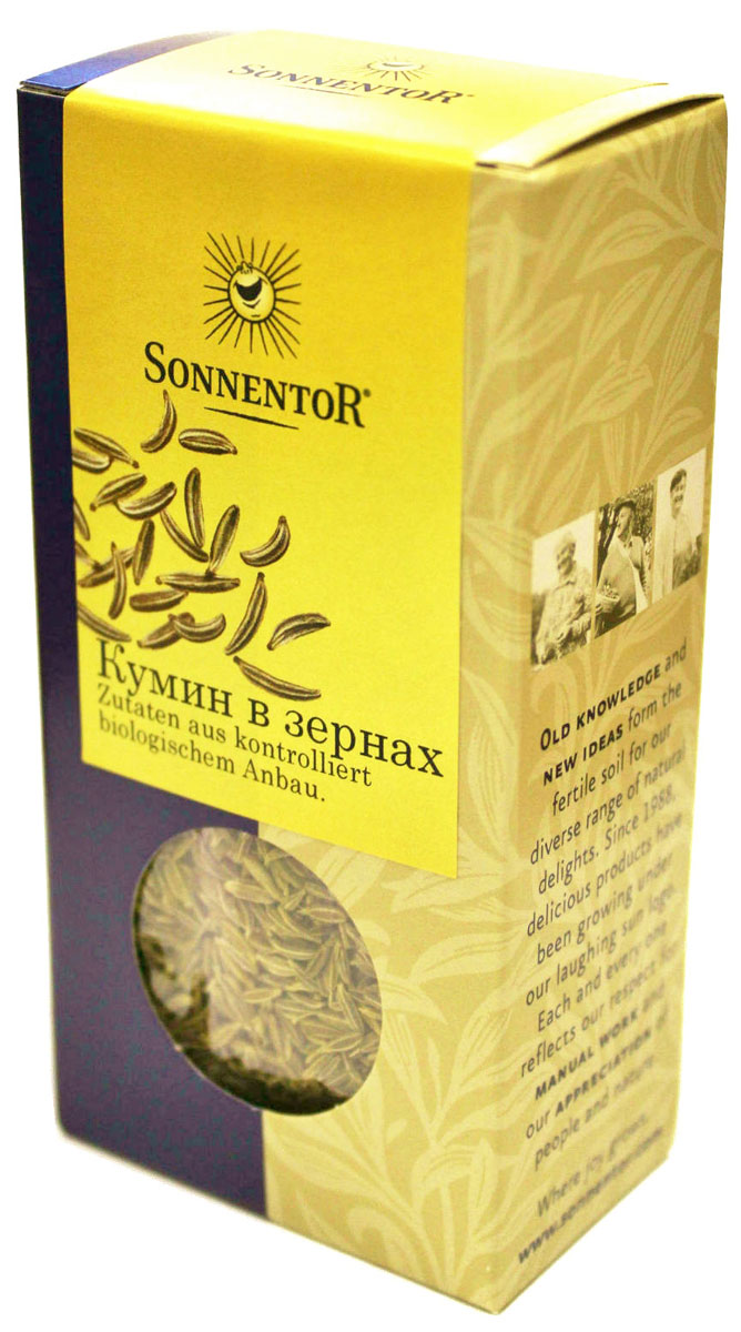 Sonnentor Кумин в зернах, 40 гNT732 Sonnentor Кумин в зернах, 40 гNT732Sonnentor Кумин - изысканность вкуса. Эта специя считается родственницей петрушки, имеет приятный, слегка резковатый вкус и пикантный аромат, а ее семена чем-то напоминают тмин. Второе название - зира. Эта специя незаменима при консервировании овощей (капусты, огурцов, помидоров, грибов), а в приготовлении настоящего восточного плова молотый кумин занимает почетное место вместе с барбарисом, шафраном, смесью перцев, паприкой, ароматными травами и чесноком. Зирой приправляют супы, салаты, холодные закуски, горячие овощные, мясные и рыбные блюда. Кумин облагораживает вкус кисломолочных продуктов (йогурта, простокваши, творога, сыров), выпечки, кондитерских изделий и напитков. Кумин в сочетании с фенхелем, кардамоном и корицей добавляют в варенье и фруктовые салаты.