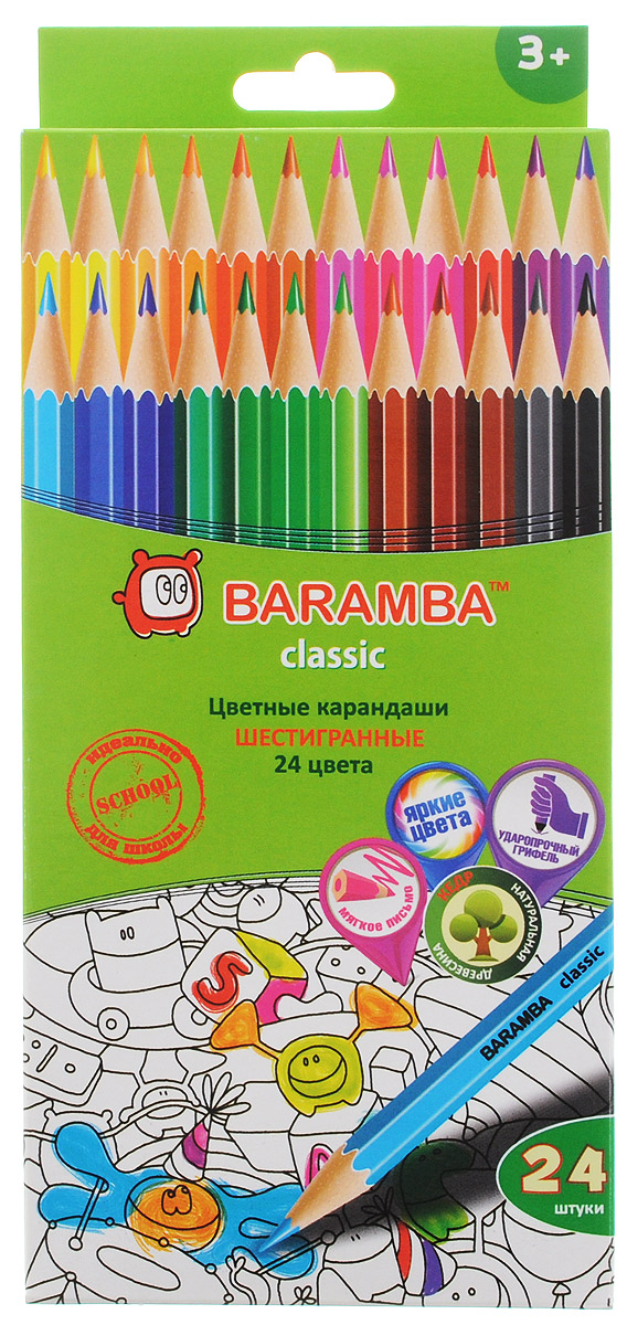 Набор цветных карандашей Baramba Classic, 24 цветаB33124 Набор цветных карандашей Baramba Classic, 24 цветаB33124Цветные карандаши Baramba Classic откроют юным художникам новые горизонты для творчества, а также помогут отлично развить мелкую моторику рук, цветовое восприятие, фантазию и воображение. Традиционный шестигранный корпус изготовлен из натуральной древесины, гладкость которого обеспечена многослойной покраской. Карандаши удобно держать в руках, а мягкий грифель не требует сильного нажима и легко стирается ластиком. Комплект включает 24 заточенных карандаша ярких насыщенных цветов. Не рекомендуется детям до 3-х лет.