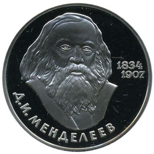 Монета номиналом 1 рубль 150 лет со дня рождения Д. И. Менделеева. Proof в запайке. Медно-никелевый сплав. СССР, 1984 год (новодел 1988 года)ОС27728 Монета номиналом 1 рубль 150 лет со дня рождения Д. И. Менделеева. Proof в запайке. Медно-никелевый сплав. СССР, 1984 год (новодел 1988 года)ОС27728Диаметр монеты: 31,0 мм Тираж: 55 000 шт. Гурт: надпись Художник: Ю.А.Лукьянов