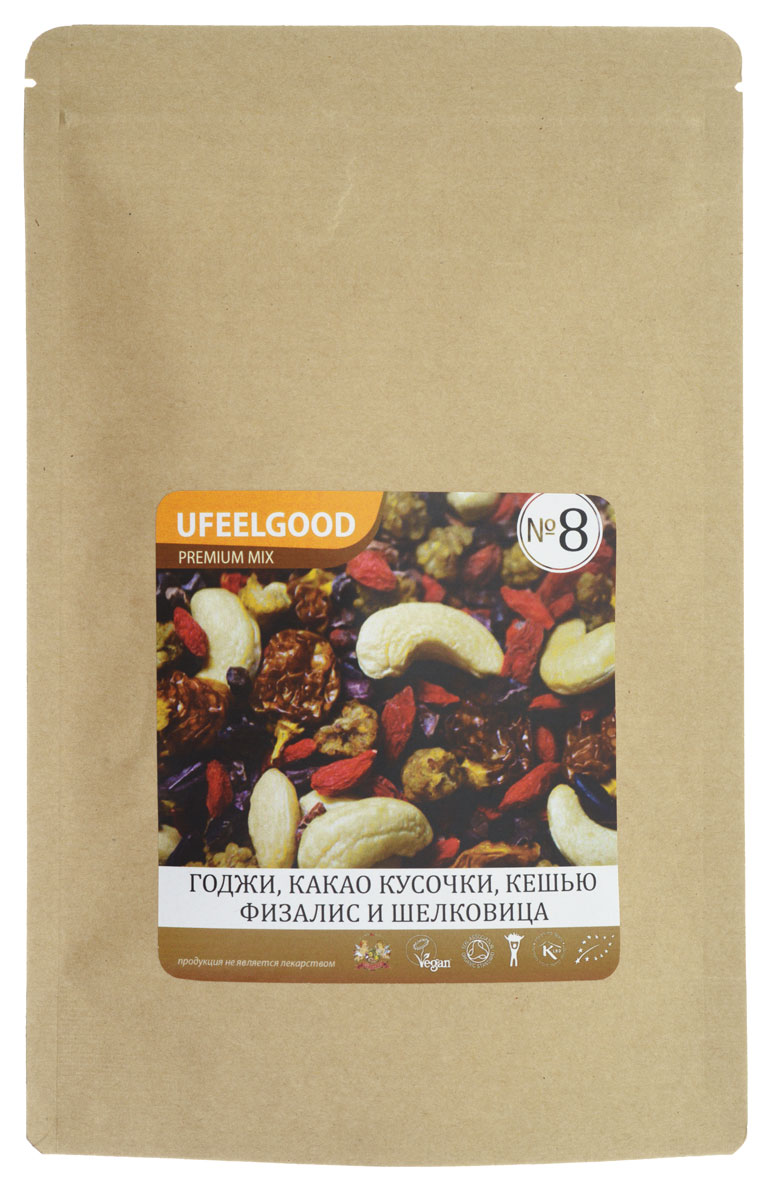 UFEELGOOD Premium Mix №8 (кешью, годжи,шелковица, кусочки какао боба, физалис), 100 г92 UFEELGOOD Premium Mix №8 (кешью, годжи,шелковица, кусочки какао боба, физалис), 100 г92Трэйл-микс UFEELGOOD Premium Mix №8 – смесь из высокопитательных супер-продуктов, которая прекрасно подходит в качестве закуски. Главными ингредиентами этого Трэйл-микса являются ягоды и какао. Древние кочевники первыми оценили преимущества Трэйл-миксов – мощные растительные продукты удобны для транспортировки, не требуют приготовления и обеспечивают организм необходимой энергией. Сегодня Трэйл-миксы – это высокоэффективный продукт, являющийся усовершенствованным вариантом фруктовой смеси. Мы позаботились о том, чтобы соединить самые мощные и вкусные натуральные продукты. Каждый ингредиент смесей сам по себе является уникальным супер-продуктом, а комплекс таких супер-продуктов гораздо полезнее каждого отдельного компонента. Любой из предлагаемых Трэйл-миксов – это прекрасный источник энергии, антиоксидантов и питательных веществ. Трэйл-микс – это идеальный энергетик для современных путешественников и искателей приключений, которым можно перекусить в течение насыщенного...