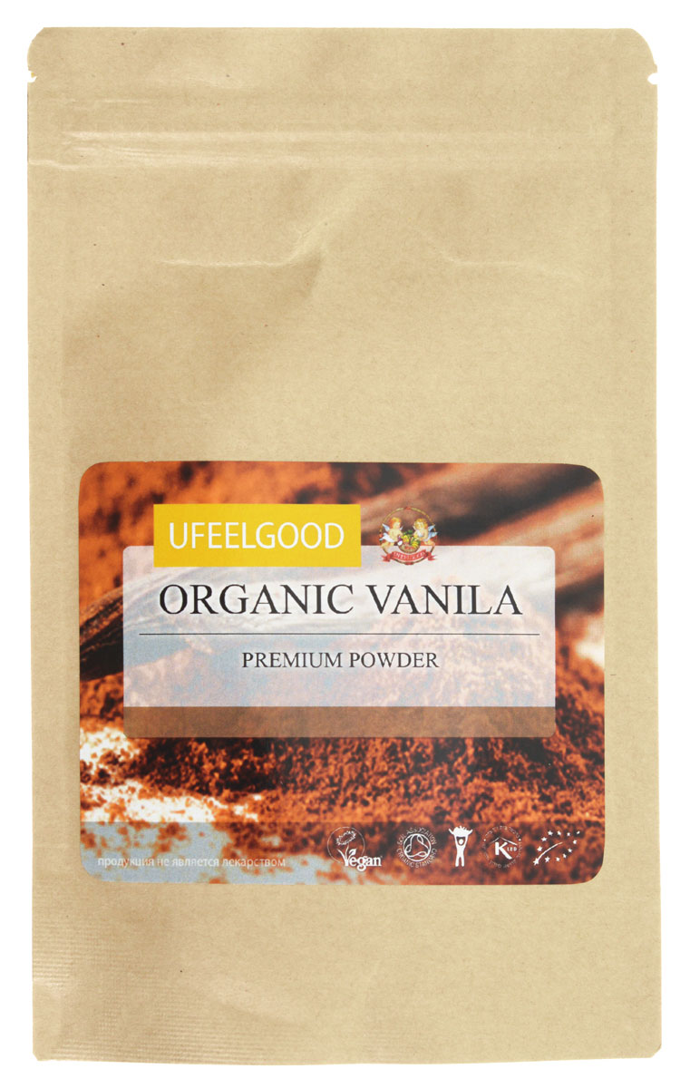 UFEELGOOD Organic Vanilla Premium Powder органическая ваниль молотая, 50 г072 UFEELGOOD Organic Vanilla Premium Powder органическая ваниль молотая, 50 г072Ваниль от является единственным представителем орхидных, который можно употреблять в пищу. Она имеет сложный насыщенный вкус, который включает в себя около 250 органических компонентов и может варьироваться в зависимости от региона произрастания. Экстракт натурального ванилина издавна считался целебным. Индейцы приписывали порошку ванили способность исцелять болезни горла, кашель, озноб, лихорадку, использовали как противоядие при укусах змей. Европейцы применяли ваниль при повышенной возбудимости и ревматизме. Вы можете купить ваниль от UFEELGOOD, выращенную на лучших плантациях Индии. Термоупаковка, в которой бережно хранится продукт, позволяет донести до потребителя его самые лучшие качества.