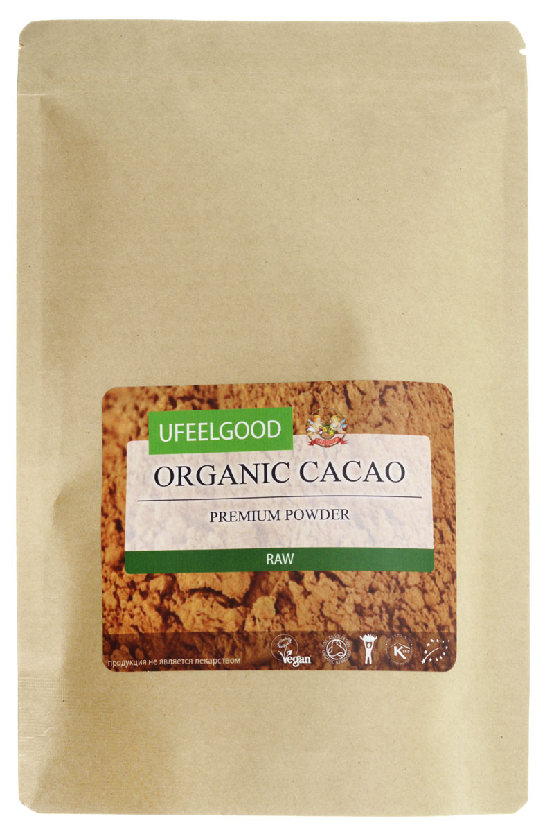 UFEELGOOD Organic Cacao Premium Powder органический какао порошок, 200 г110 UFEELGOOD Organic Cacao Premium Powder органический какао порошок, 200 г110Польза какао для здоровья признана цивилизациями века назад. Сегодня современные диетологи научно доказывают многие преимущества, которые оно может предложить, и его пищевой рейтинг значительно вырос. Исследователи Корнельского университета заключили, что какао имеет в два раза большую концентрацию антиоксидантов, чем в красном вине, и в три раза большую, чем в зеленом чае.
