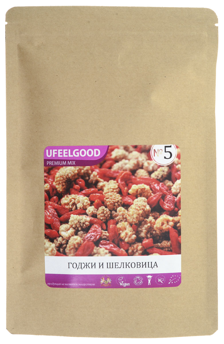 UFEELGOOD Premium Mix №5 (годжи, шелковица), 100 г89 UFEELGOOD Premium Mix №5 (годжи, шелковица), 100 г89Трэйл-микс UFEELGOOD Premium Mix №5 – смесь из высокопитательных супер-продуктов, которая прекрасно подходит в качестве закуски. Главными ингредиентами этого Трэйл-микса являются ягоды годжи и шелковицы. Древние кочевники первыми оценили преимущества Трэйл-миксов – мощные растительные продукты удобны для транспортировки, не требуют приготовления и обеспечивают организм необходимой энергией. Сегодня Трэйл-миксы – это высокоэффективный продукт, являющийся усовершенствованным вариантом фруктовой смеси. Мы позаботились о том, чтобы соединить самые мощные и вкусные натуральные продукты. Каждый ингредиент смесей сам по себе является уникальным супер-продуктом, а комплекс таких супер-продуктов гораздо полезнее каждого отдельного компонента. Любой из предлагаемых Трэйл-миксов – это прекрасный источник энергии, антиоксидантов и питательных веществ. Трэйл-микс – это идеальный энергетик для современных путешественников и искателей приключений, которым можно перекусить в течение...