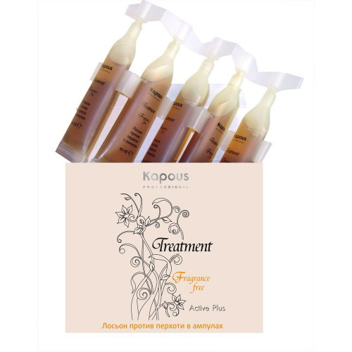 Kapous Treatment Лосьон против перхоти Active Plus 5*10 млKap293 Kapous Treatment Лосьон против перхоти Active Plus 5*10 млKap293Лосьон в ампулах Kapous «Treatment» Active Plus эффективно борется с перхотью и предотвращает её повторное появление. Повышенное содержание Октопирокса, Пантенола и масла Чайного дерева уничтожает вредные микроорганизмы, вызывающие образование перхоти, снимает воспаления, улучшает защитные свойства и восстановительные процессы кожи головы, а также оказывает благоприятное воздействие на волосы.