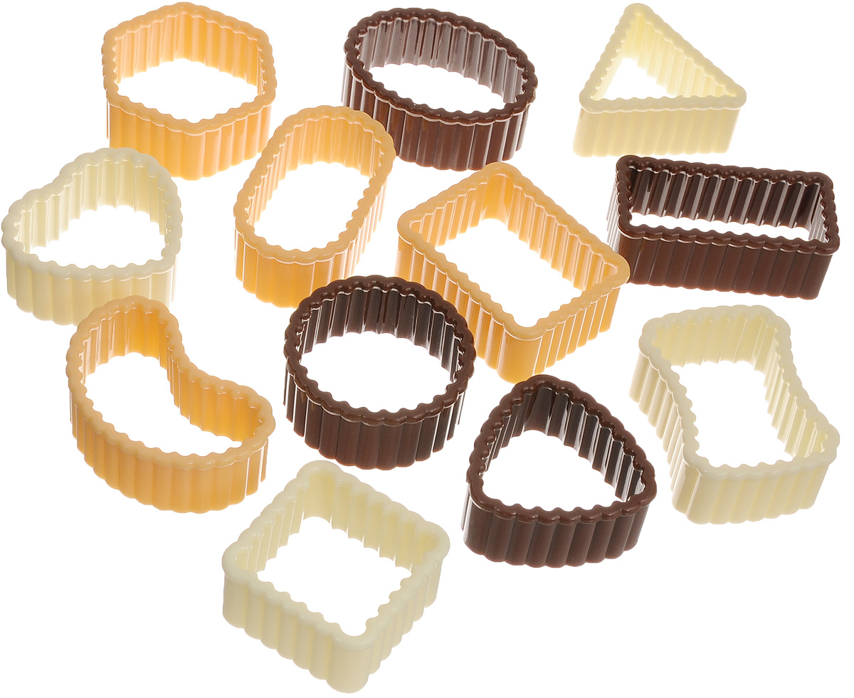 Формочки для печенья Tescoma Delicia, 12 штук630905 Формочки для печенья Tescoma Delicia, 12 штук630905Формочки для печенья Tescoma Delicia изготовлены из пластика. Предназначены для вырезания печенья. Можно использовать как трафареты для поделок и с непищевыми материалами. С такими формами- резаками можно сделать множество интересных фигурок и поделок. В набор входит пластиковое кольцо для удобного хранения формочек. Средний размер форм: 3,5 х 4 см. Высота стенки формы: 2 см. Диаметр кольца: 9,5 см.