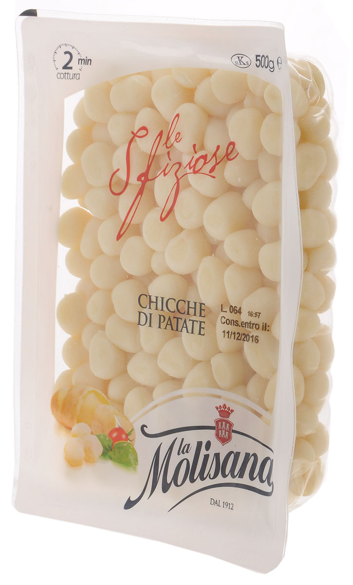 La Molisana Chicche Di Patate картофельные ньокки (клецки мелкие), 500 г0190060/1 La Molisana Chicche Di Patate картофельные ньокки (клецки мелкие), 500 г0190060/1Картофельные ньокки являются типичным блюдом итальянской кулинарии. Ньокки восхитительны с любым соусом, будь это просто растопленное сливочное масло с шалфеем и пармезаном, сыром горгонзола или песто генуэзский. Способ приготовления: поместить клецки в кипящую подсоленную воду. Когда они всплывут слить воду и приправить желаемым соусом.