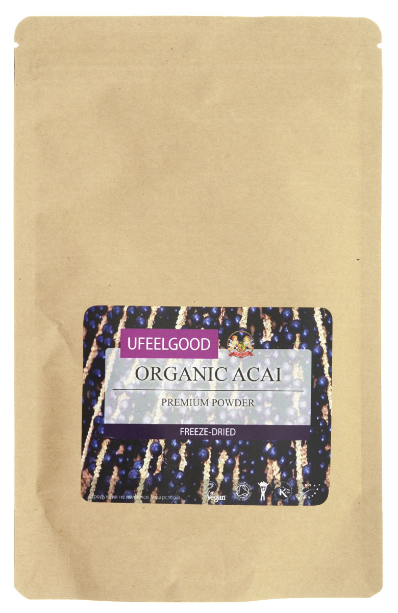 UFEELGOOD Organic Acai Premium Powder органические молотые ягоды асаи, 100 г47 UFEELGOOD Organic Acai Premium Powder органические молотые ягоды асаи, 100 г47Плоды асаи обладают мощными антиоксидантными свойствами. Они восстанавливают клетки организма, предотвращая окислительные реакции внутри, замедляют процессы старения. Антоцианы, которые содержаться в ягодах, способны замедлить или предотвратить развитие рака. Содержание полифенола помогает избежать болезни сердца. Ягоды асаи очень питательны, они содержат: кальций железо, клетчатку, белок, жирные кислоты. Кроме этого, они способны на невероятную емкость поглощения радикалов кислорода – 50 000 единиц на 100 граммов (для сравнения, красный виноград — 740). Ягоды асаи для похудения используют следующим образом — из них делают питательный сок, который заменяет собой еду. Экстракт асаи используется для того, чтобы придать неповторимый вкус блюдам.