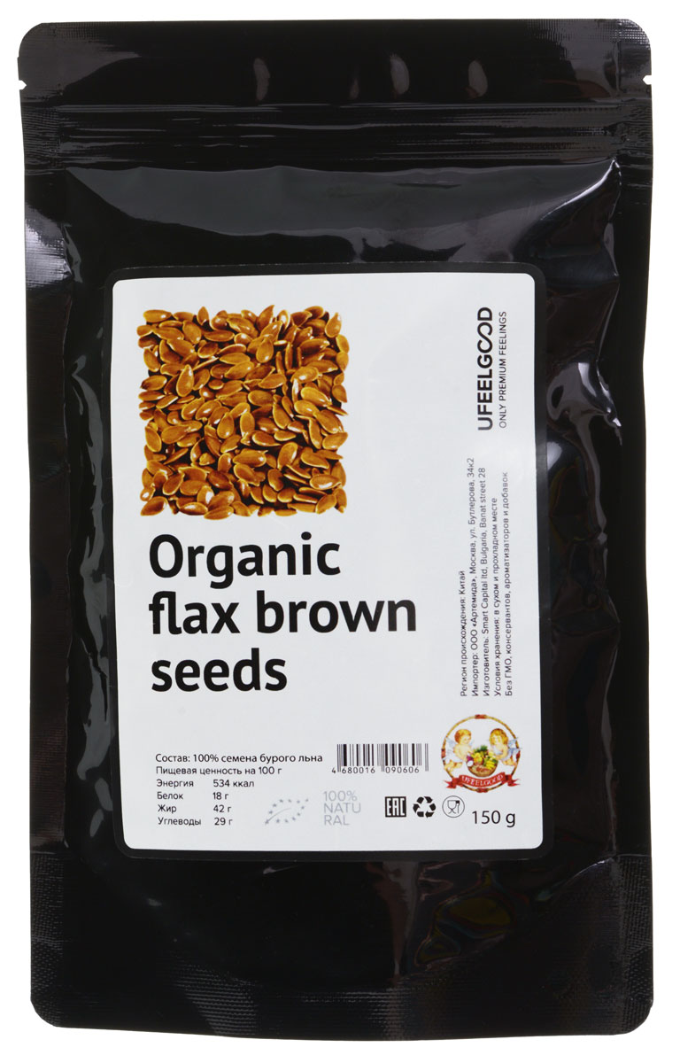 UFEELGOOD Organic Flax Brown Seeds органические семена бурого льна, 150 г30 UFEELGOOD Organic Flax Brown Seeds органические семена бурого льна, 150 г30Семена льна содержат углеводы, белковые вещества, гликозиды, ферменты, каротин, витамин С, токоферол, органические кислоты, пектиновые вещества, фитостерины, жирное масло. В семенах присутствуют минеральные вещества: цинк, йод, калий, магний, кальций, марганец, железо, медь, алюминий, хром, никель, бор, селен. Бороться с лишним весом помогают следующие компоненты семени льна: Омега-3 жирные кислоты, лигнаны (вещества, сочетающие свойства антиоксидантов и эстрогенов), а также клетчатка (растворимые и нерастворимые пищевые волокна). Прекрасно подходит как дополнение в смузи, салаты, хлеб и в ваши любимые рецепты.